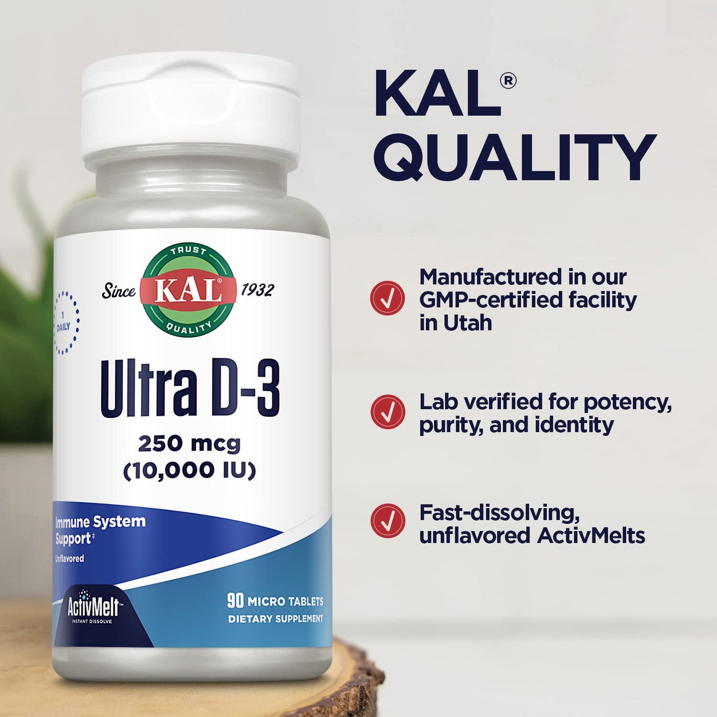 KAL Ultra Vitamin D3 250 mcg (10000 IU) High Potency Vitamin D Tablets, 90 Count