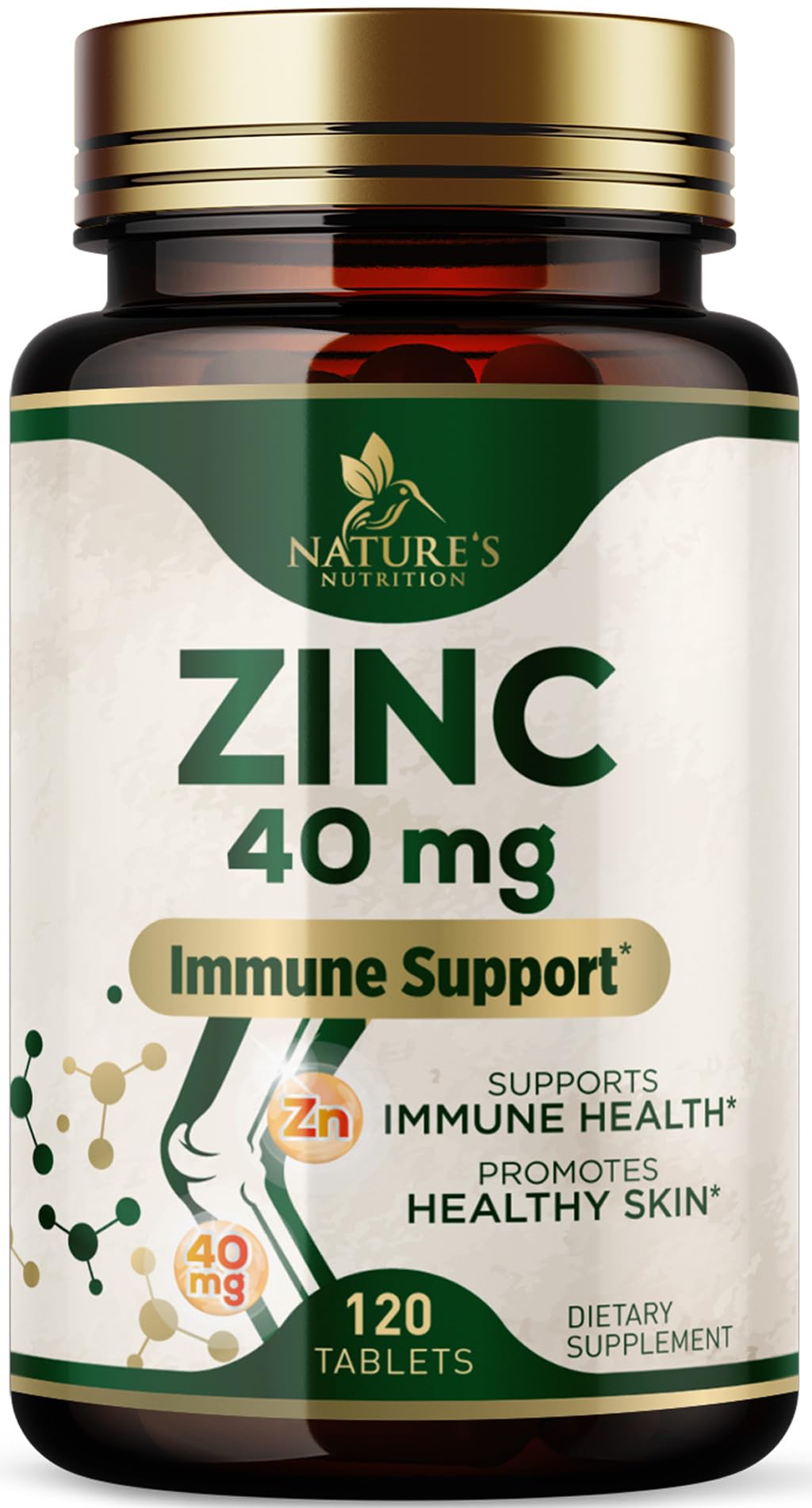Nature's Nutrition Zinc 40mg High Potency Supplement for Immune System Support & Skin Health, 120 Tablets