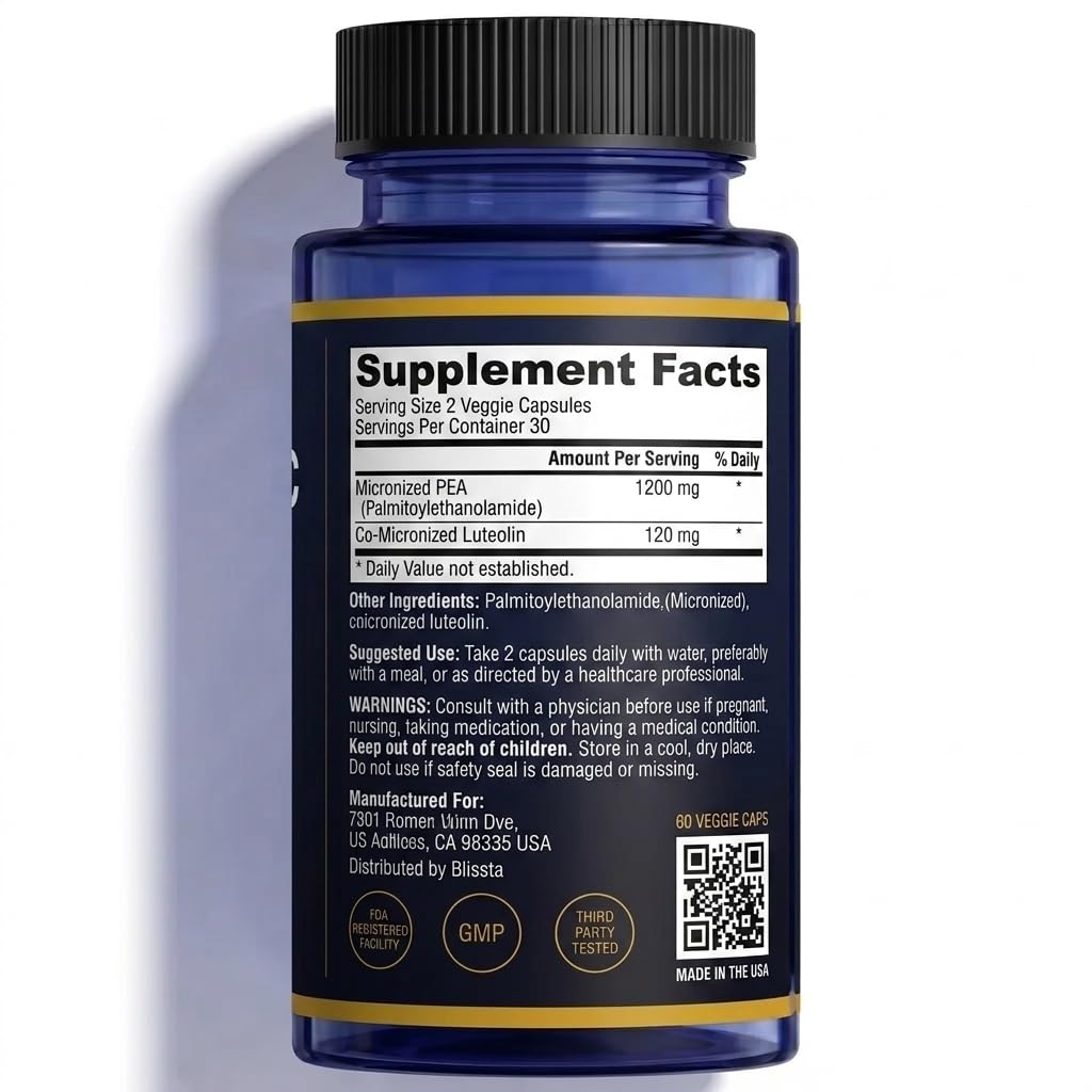 Blissta PainBloc Pea 1200mg with Luteolin, Micronized Palmitoylethanolamide Capsule, 60 Veggie Capsules