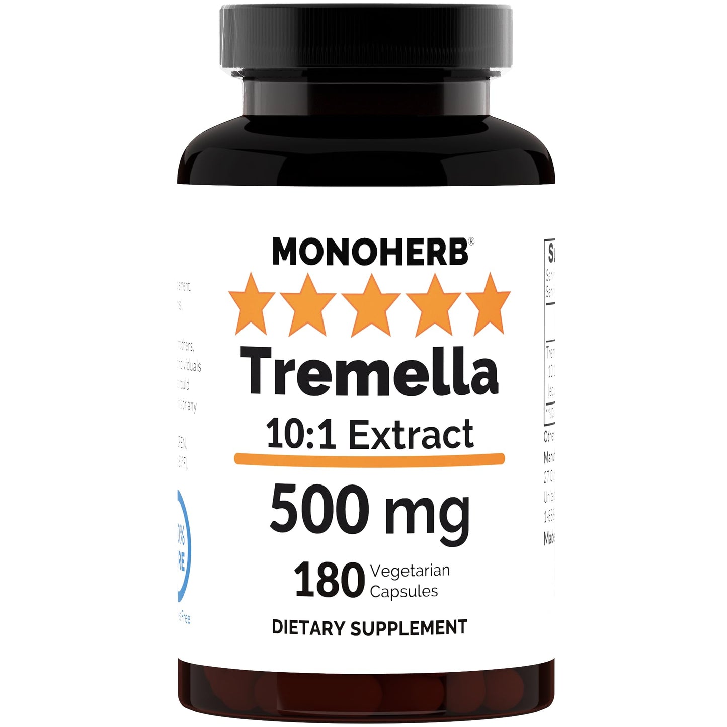 MONOHERB Tremella Mushroom 10:1 Extract 500 mg per Capsule, 180 Capsules