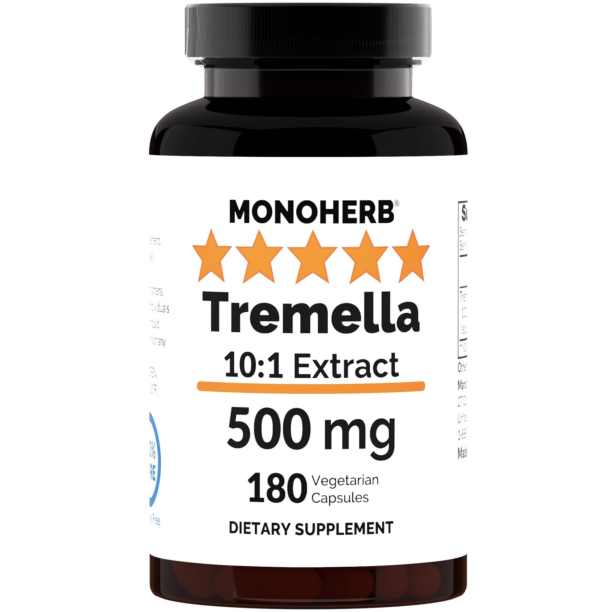 MONOHERB Tremella Mushroom 10:1 Extract 500 mg per Capsule, 180 Capsules