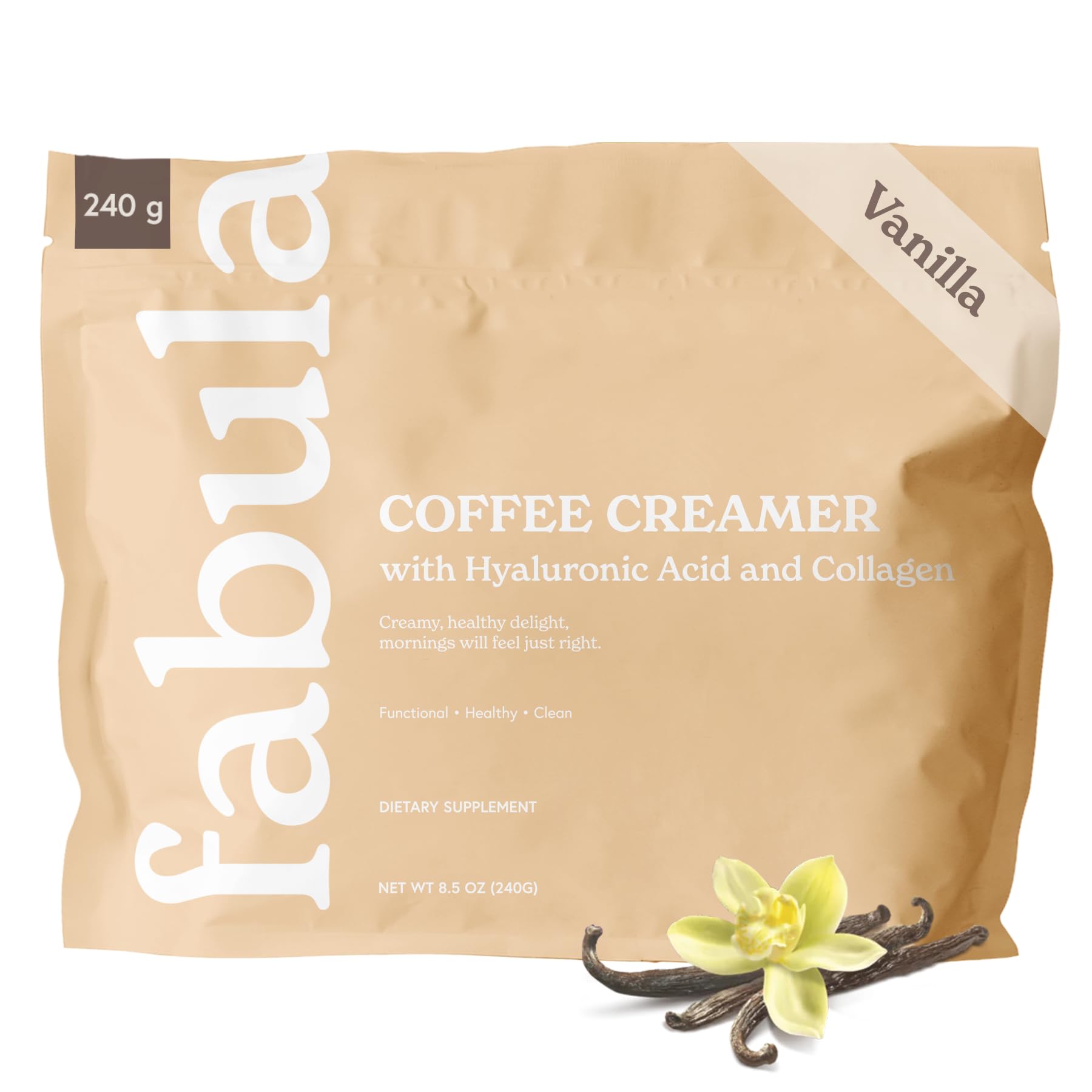 Fabula Collagen Creamer for Coffee with Hyaluronic Acid, MCT Oil, Organic Coconut Milk, Vanilla Flavored, Non-Dairy, Sugar-Free Powder, 8.5 Oz