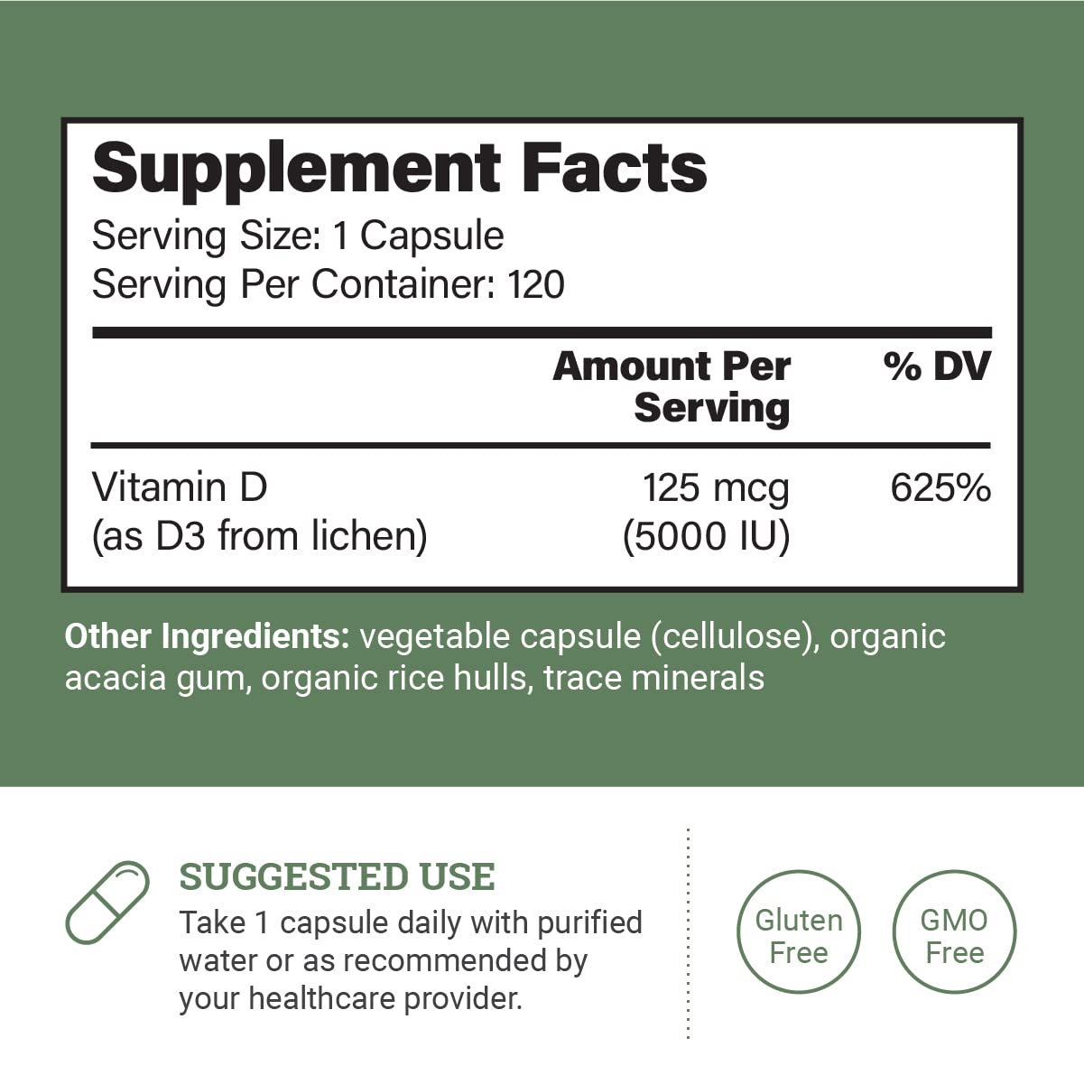 Earth Harmony Naturals Vegan Vitamin D3 5000 IU Supplement Capsule, 120 Count