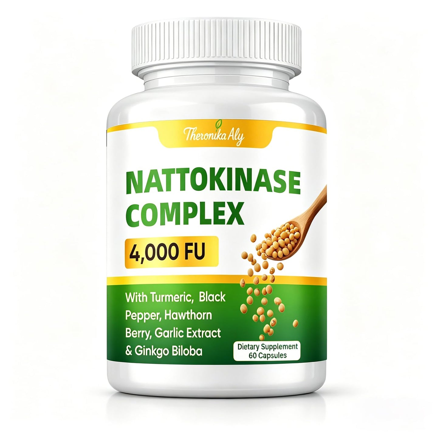 Theronika Aly Nattokinase Supplement 4000 FU with Turmeric & Black Pepper, Garlic, Ginkgo Biloba & Hawthorn Berry, Herbal Circulation Formula, High Potency Nattokinase, Non-GMO, 60 Capsules