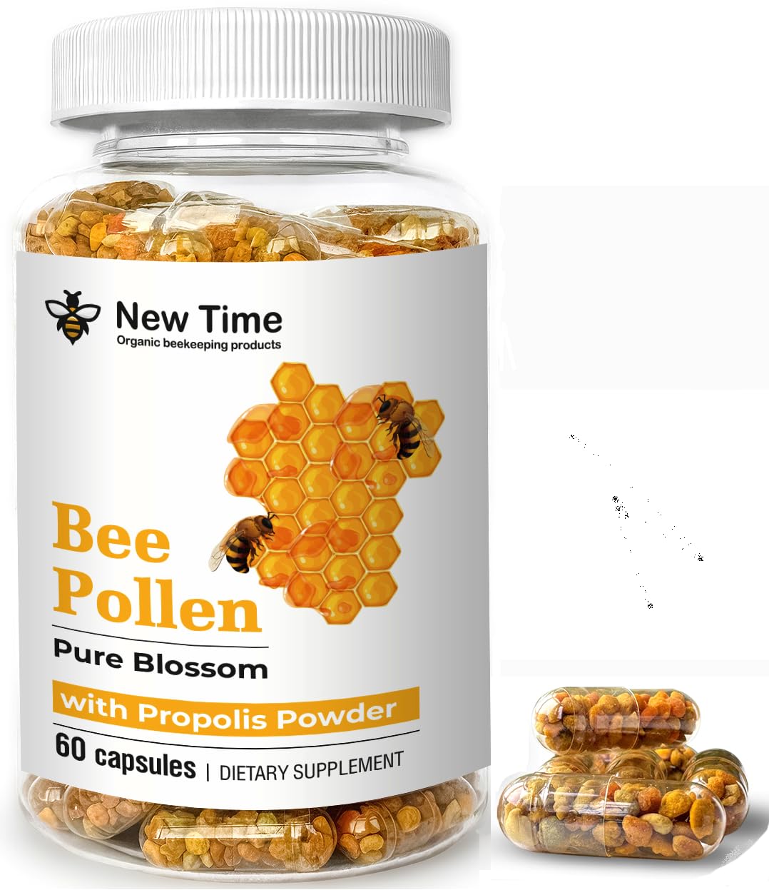 New Time Organic beekeeping products Bee Pollen Capsules with Propolis Capsule, 60 Count