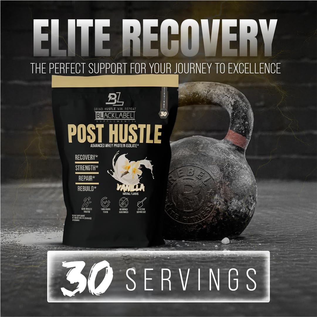 BLACKLABEL Supplements Post Hustle Post Workout Protein Powder, Whey Protein Isolate with Digestive Enzymes, Vanilla — 40 Servings