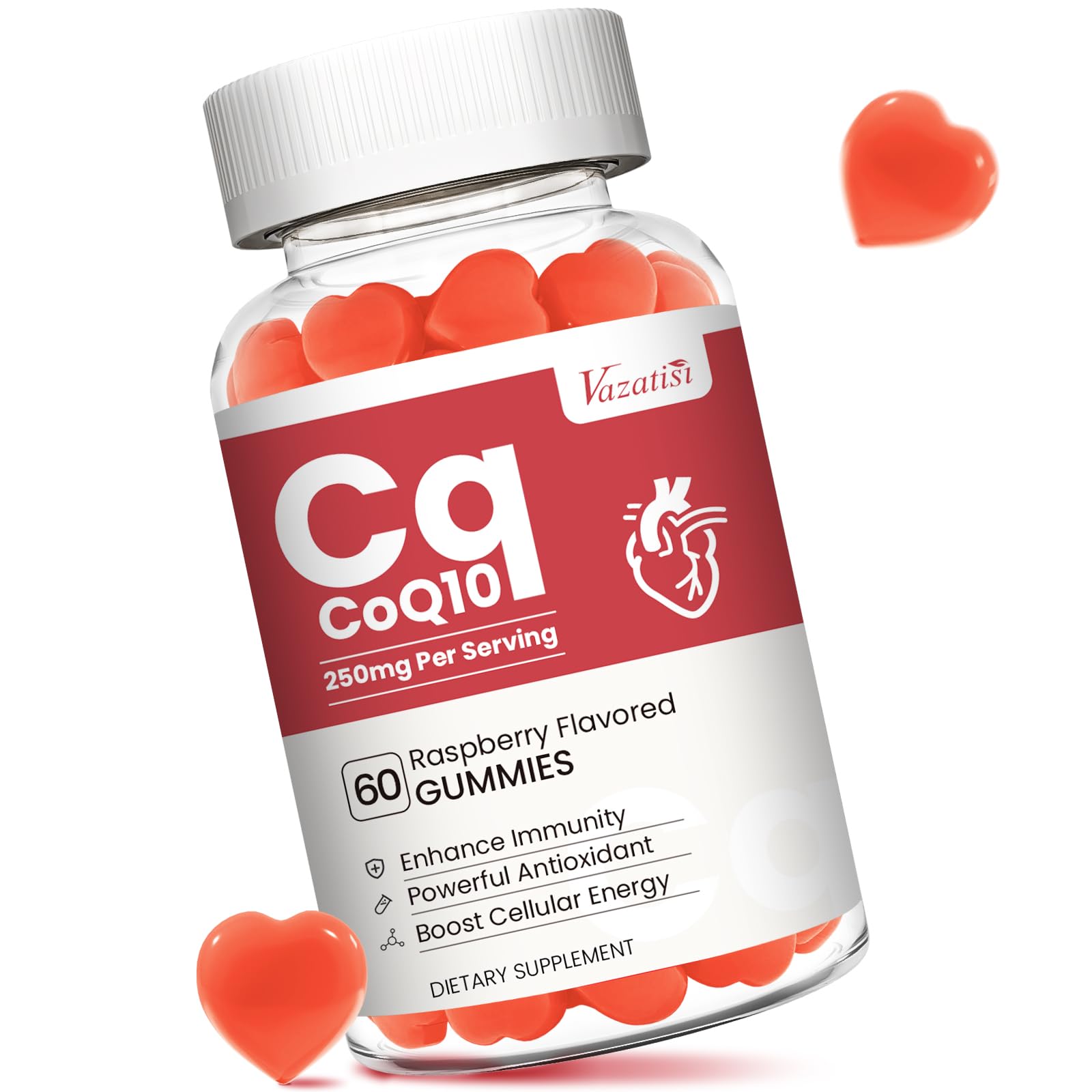 Vazatisi CoQ10 Gummies 250 mg with Omega-3 & Vitamin B3, Raspberry Flavor, 60 Count