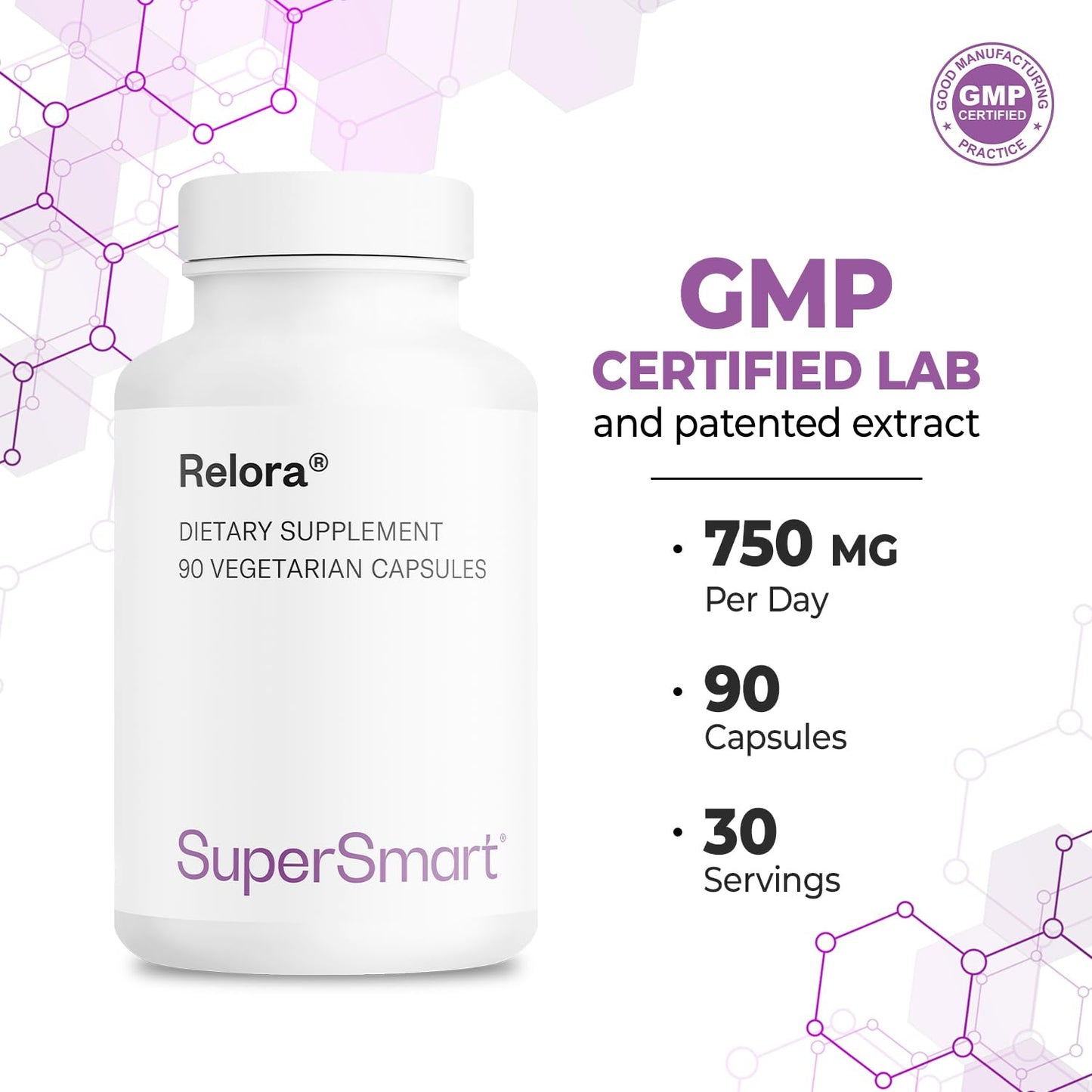 Supersmart Relora 750mg per Day Magnolia Officinalis & Phellodendron Amurense Extract Supplement Capsule 90 Count