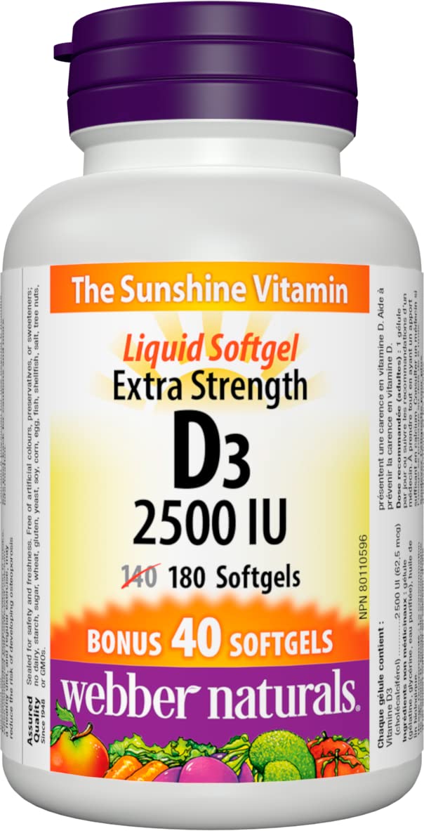 Webber Naturals Vitamin D3 2,500 IU Extra Strength Softgels, 180-Count