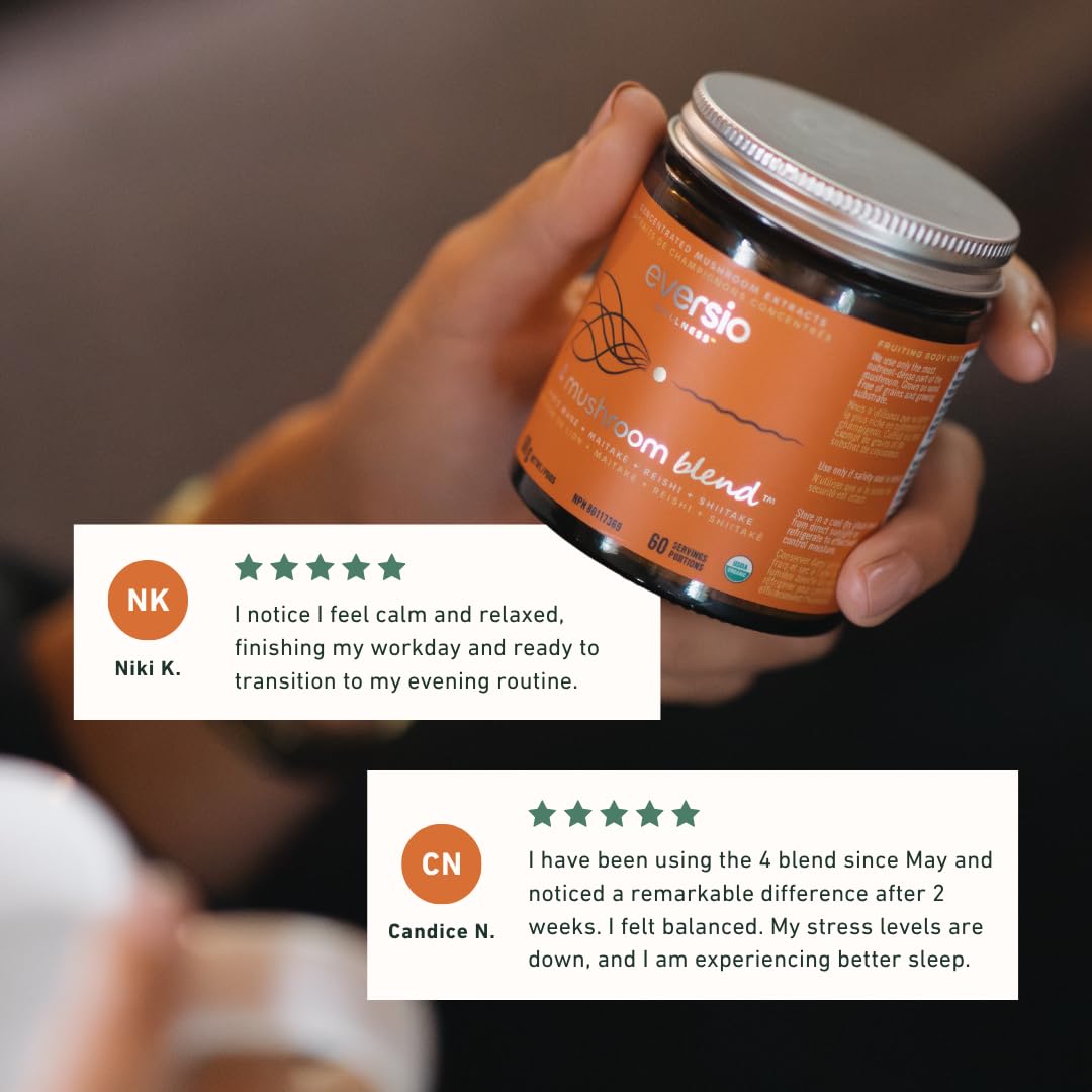 Eversio Wellness Organic 4 Mushroom Blend Complex Powder – Reishi, Lion’s Mane, Maitake & Shiitake Fruiting Body Extract Blend – Daily Immune & Stress Support, 2.12 oz