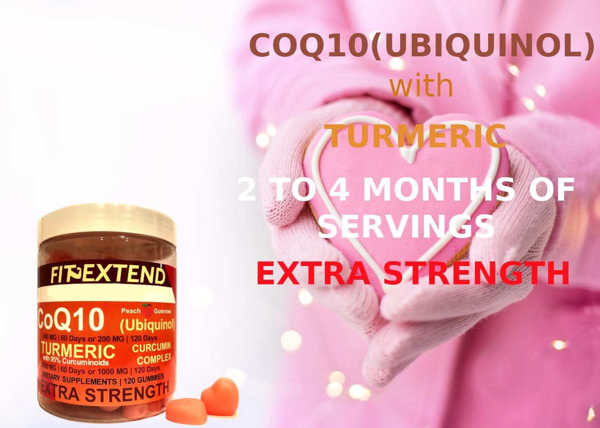 FIT EXTEND CoQ10 Ubiquinol & Turmeric Gummies 200mg CoQ10, 1000mg Turmeric, Peach, 120 Count