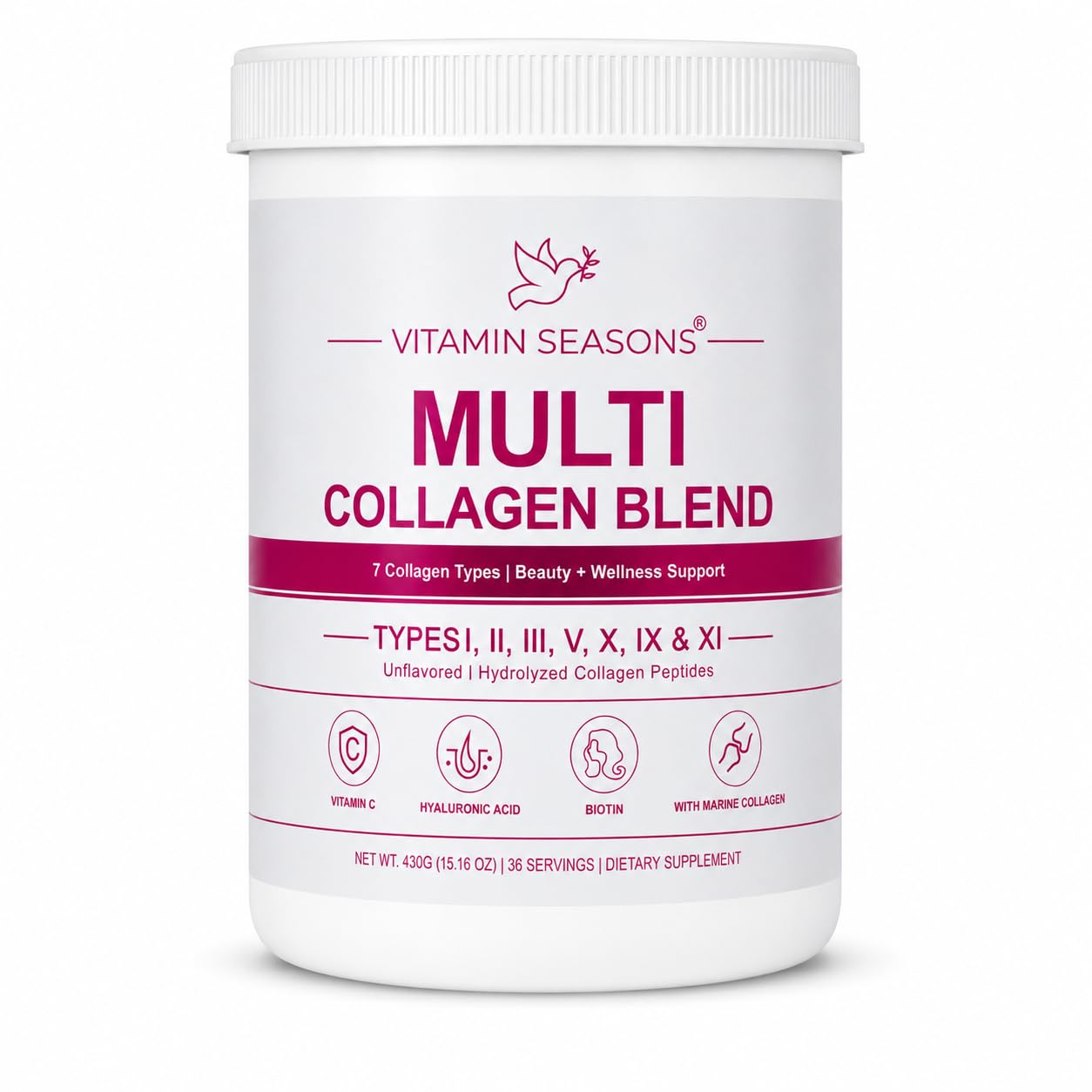 VITAMIN SEASONS Multi Collagen Peptides 7 Types Unflavored Powder 15.16 Ounce