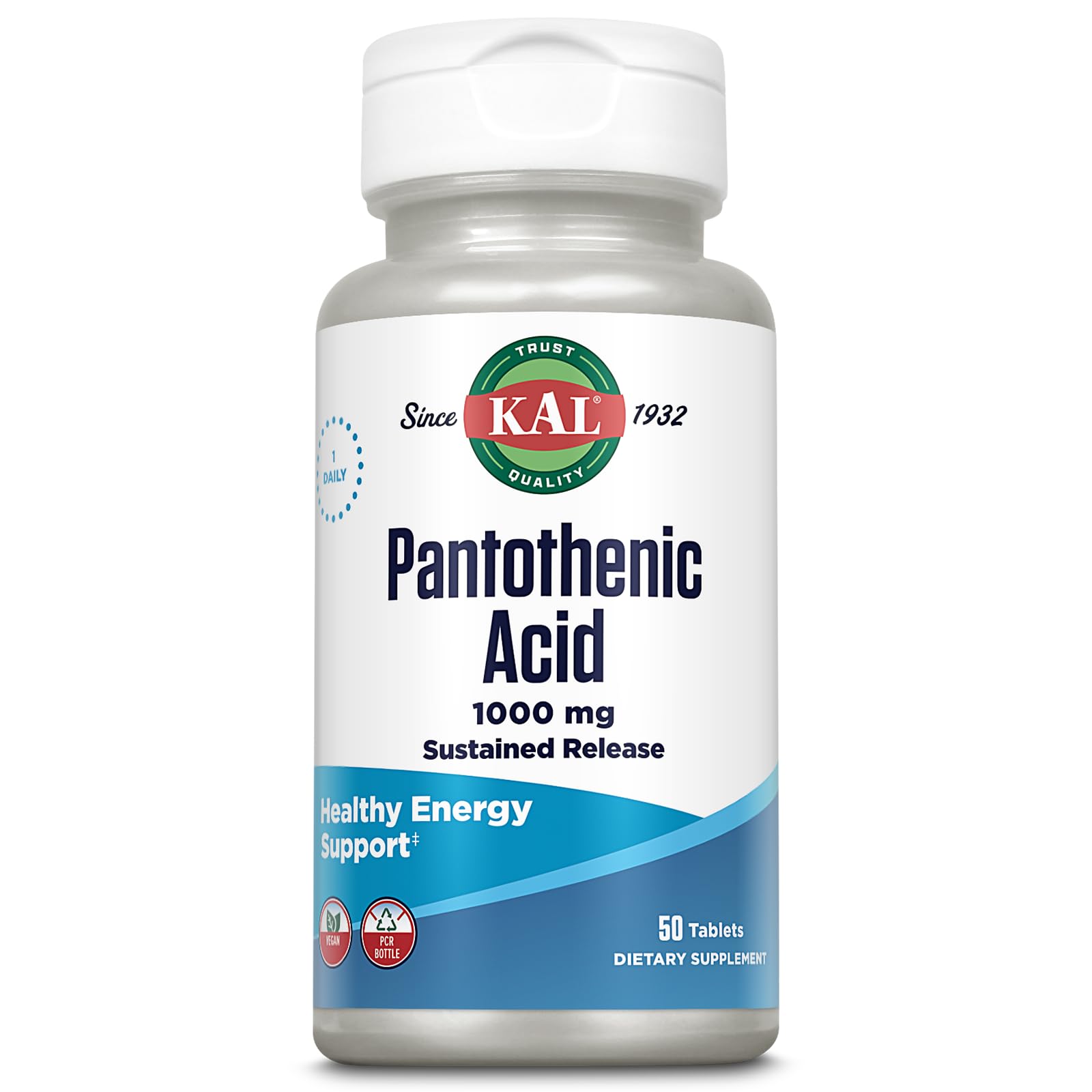 KAL Pantothenic Acid 1000mg Sustained Release Vitamin B5 Tablet, 50 Tablets