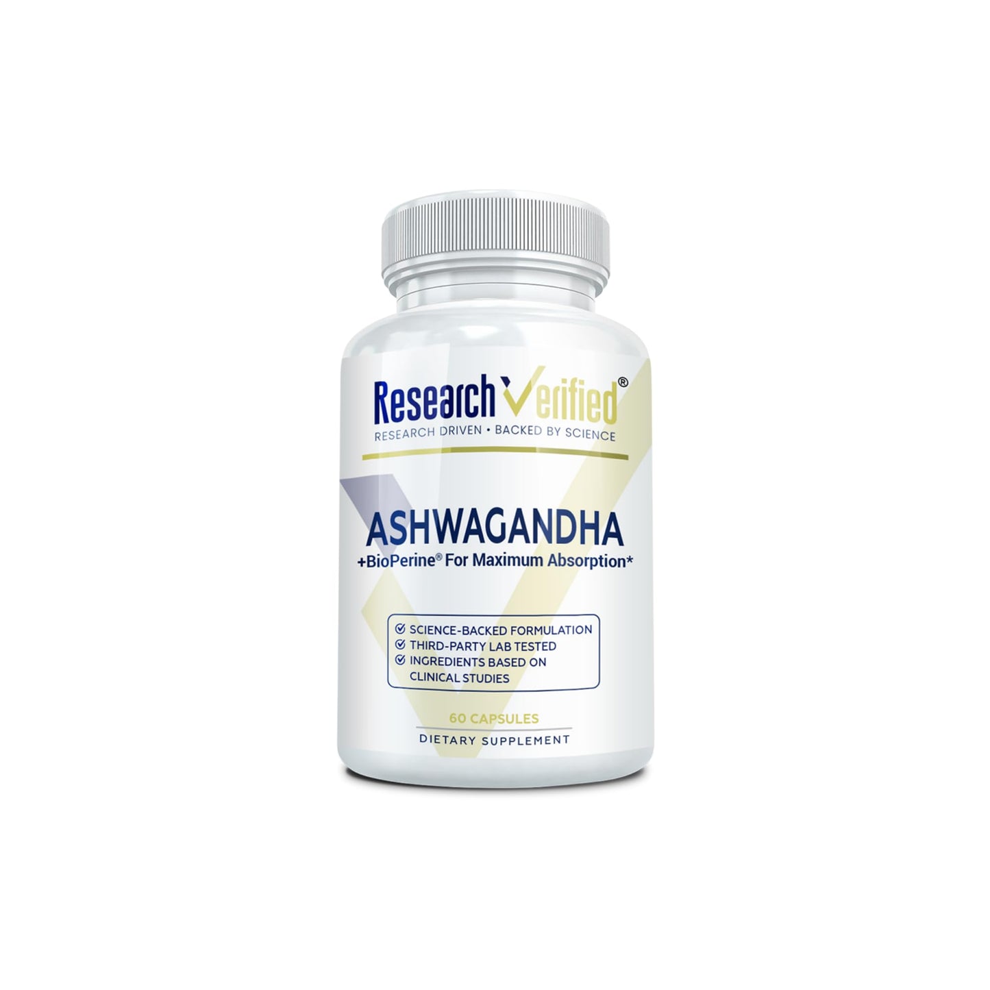 Research Verified Ashwagandha Supplement 1500mg Maximum Strength with Bioperine and Ginger Root, Enhance Cognitive Function, 60 Capsules