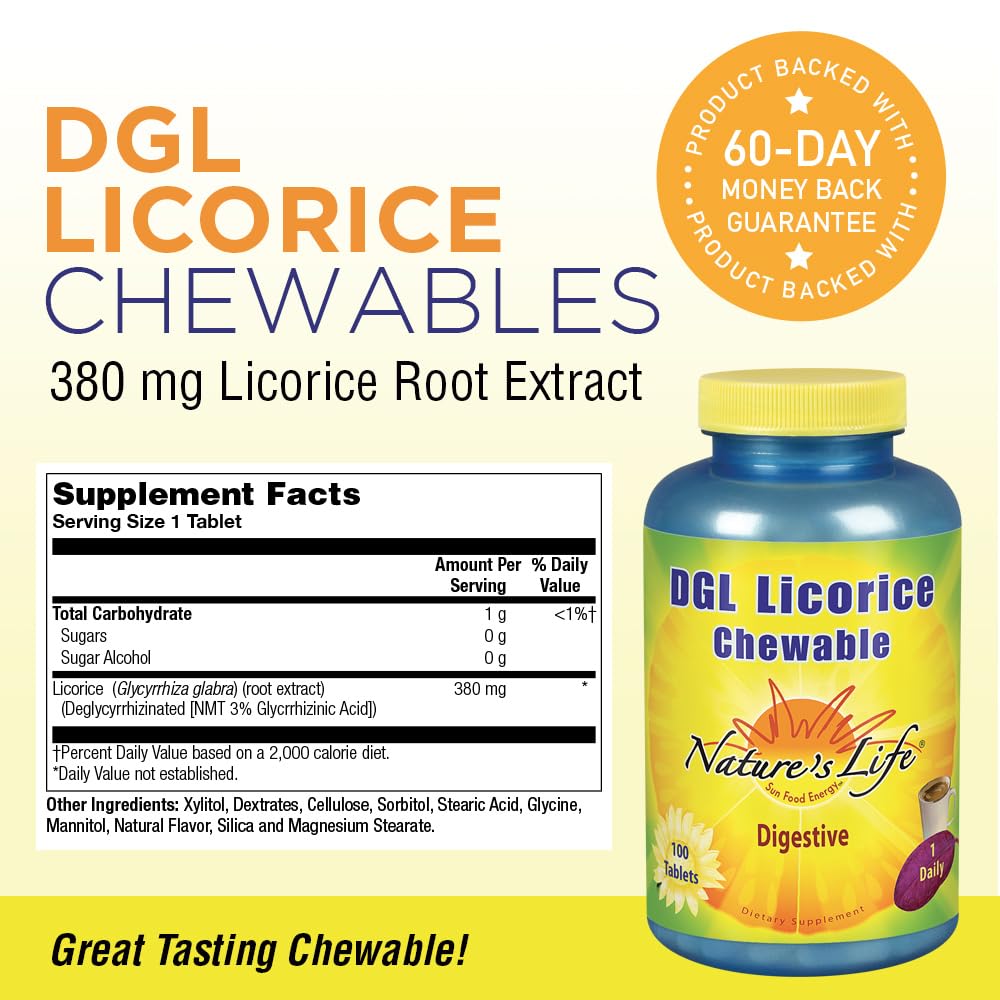 Nature's Life DGL Licorice Tablets Chewable, 380 mg, 100 Count