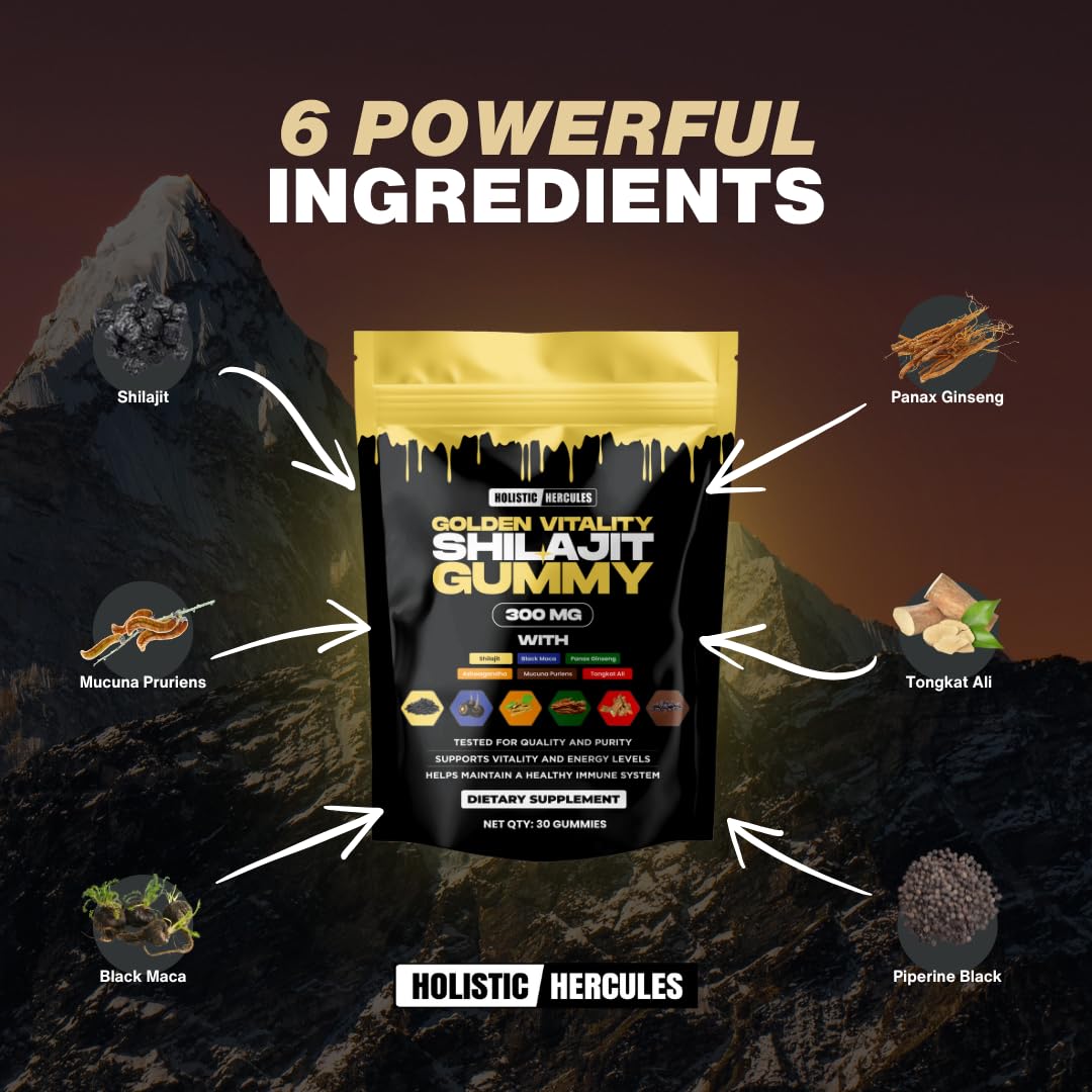 Holistic Hercules Himalayan Gold Shilajit Gummies with Ashwagandha, Black Maca, Tongkat Ali, Panax Ginseng, Mucuna, 30 Gummies
