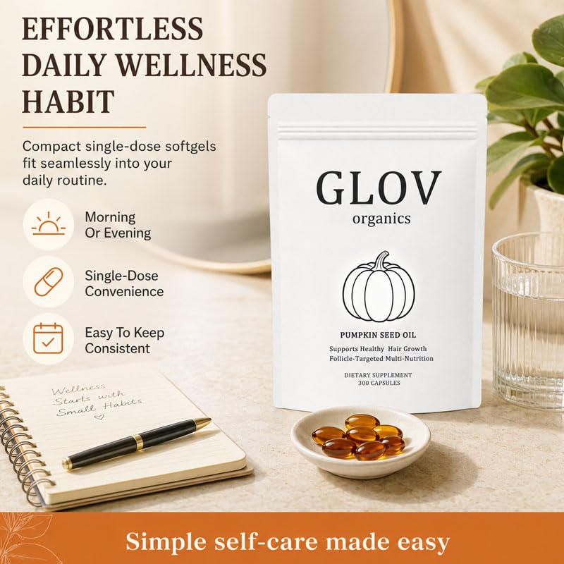 Glov Organics Pumpkin Seed Oil Softgels, Hair Loss Complex Softgels, Capsule, 300 Count