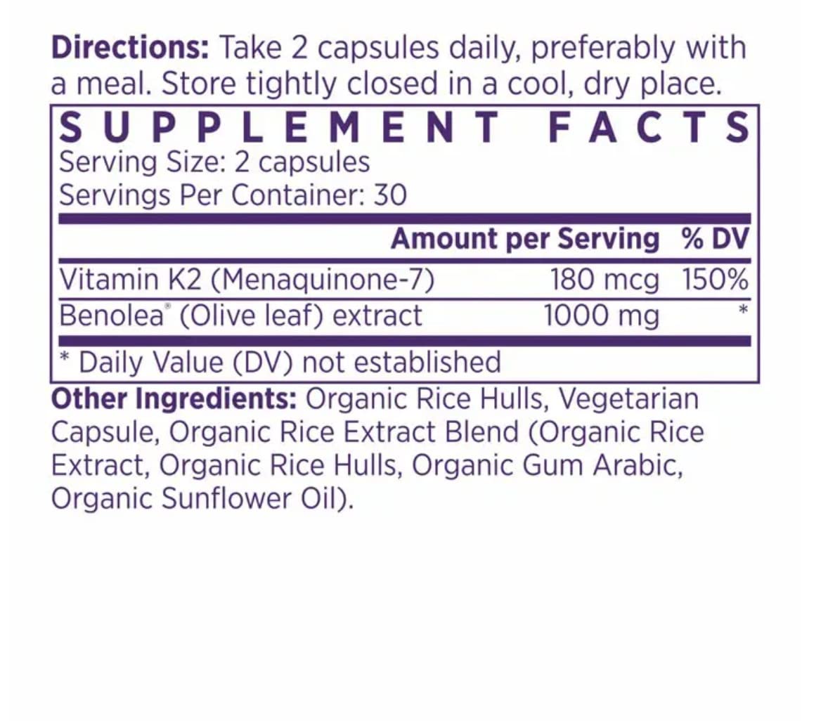 NAOMI BP Advanced Olive Leaf Extract & Vitamin K2 Capsules, 60 Count