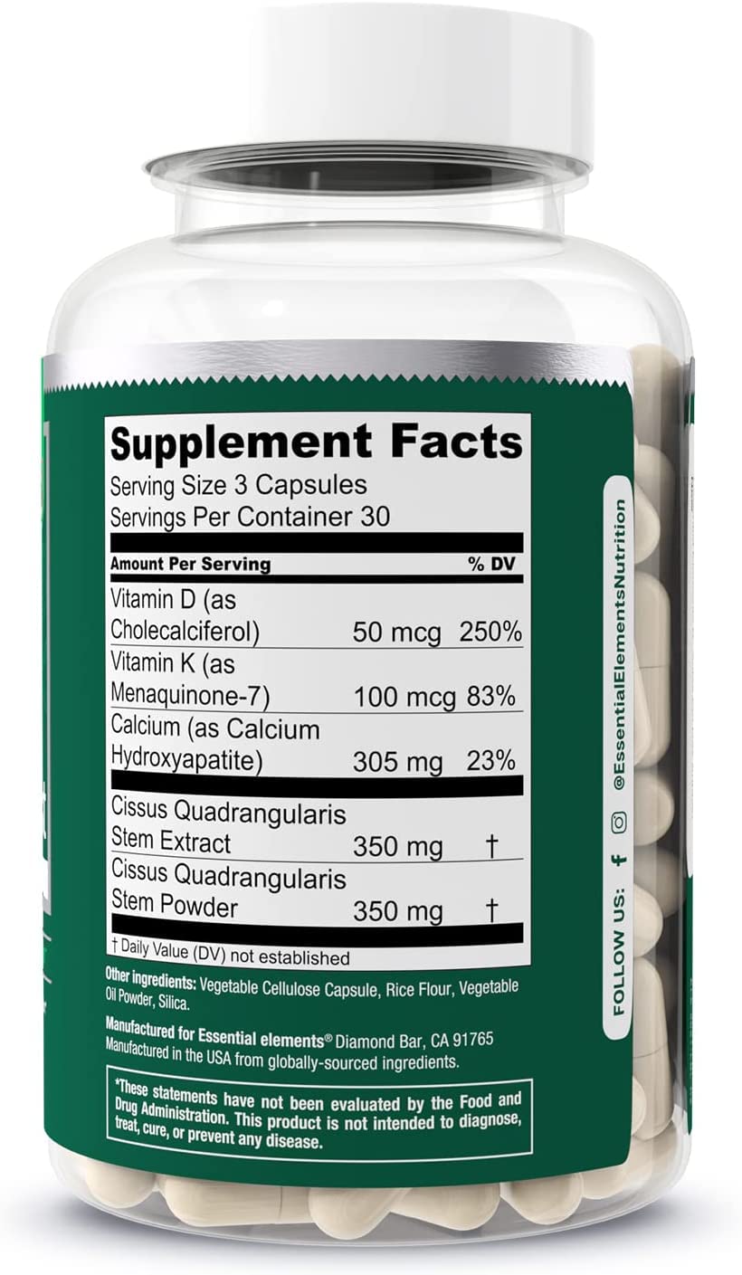 Essential Elements Bone Boost Bone Health Supplement - Bone Support and Calcium Supplement with Vitamin D3, K2, Cissus Quadrangularis for Bone Strength 180 Capsules