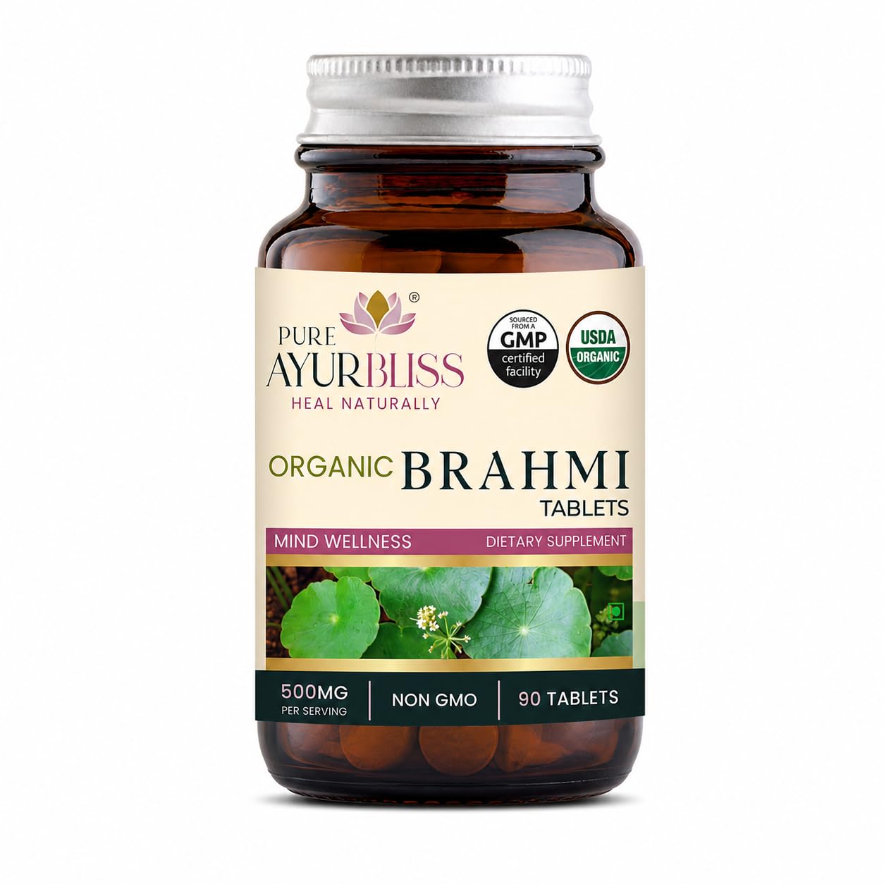 PureAyurbliss 100% Organic Brahmi with Bacopa monnieri Extract, Ayurvedic Cognitive Support for Memory, Focus, and Mental Clarity, 90 Tablets