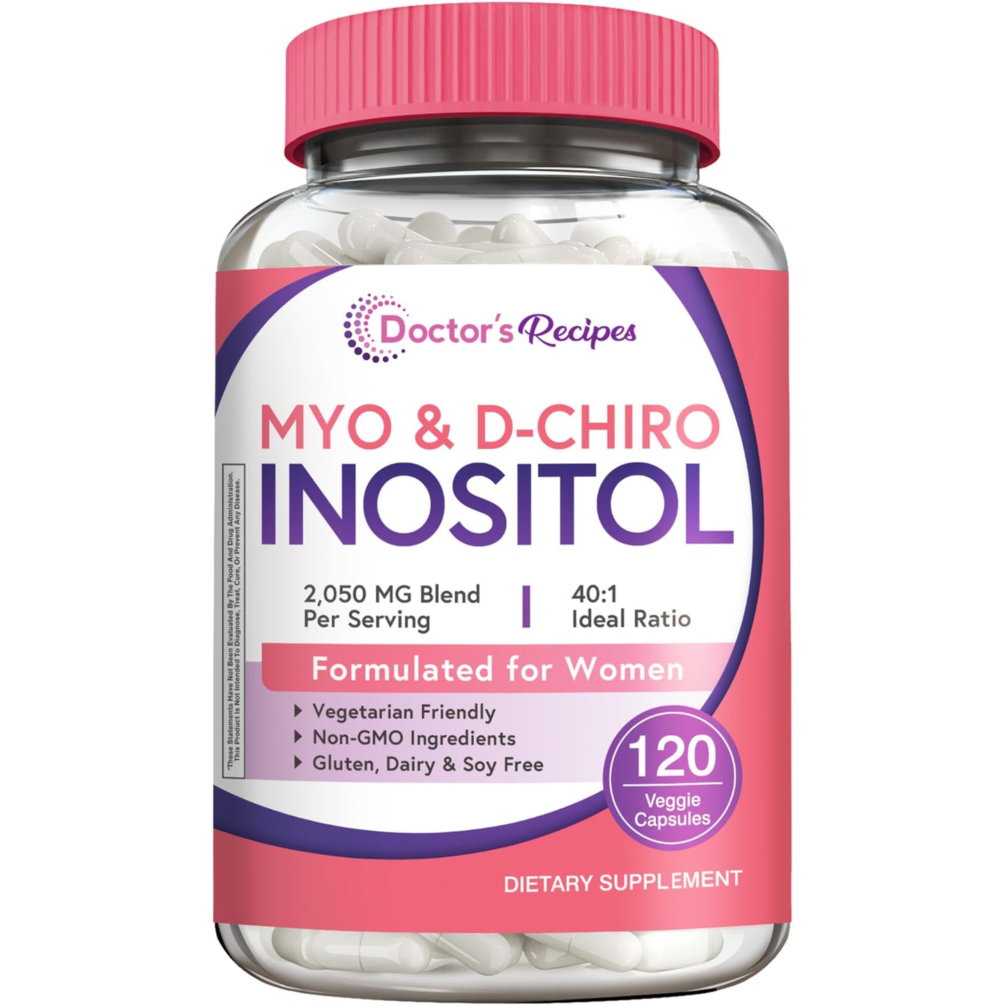Doctor's Recipes Inositol Supplement with Myo-Inositol & D-Chiro Inositol, 2050mg per Serving, 40:1 Blend, Capsules, 120 Count