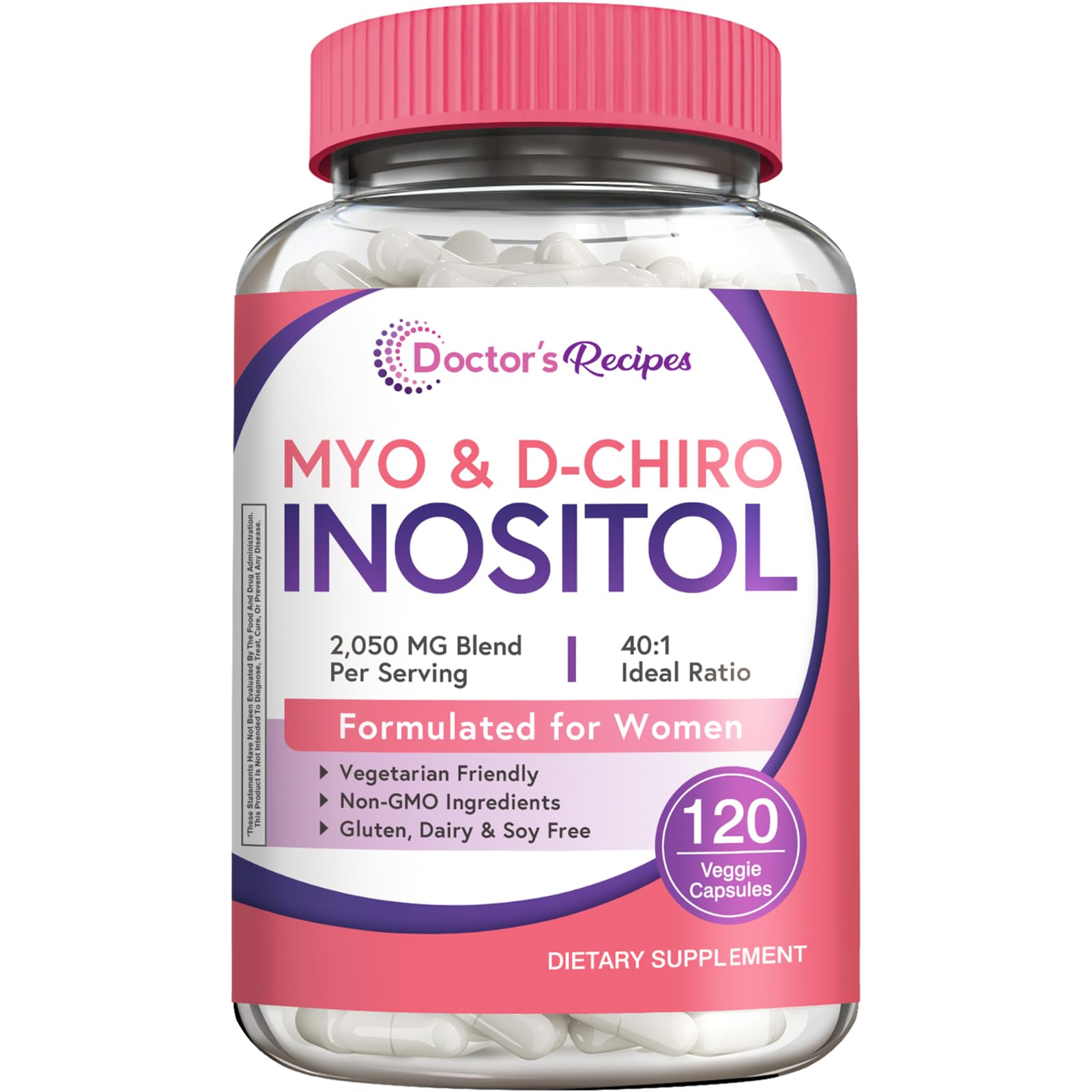 Doctor's Recipes Inositol Supplement with Myo-Inositol & D-Chiro Inositol, 2050mg per Serving, 40:1 Blend, Capsules, 120 Count
