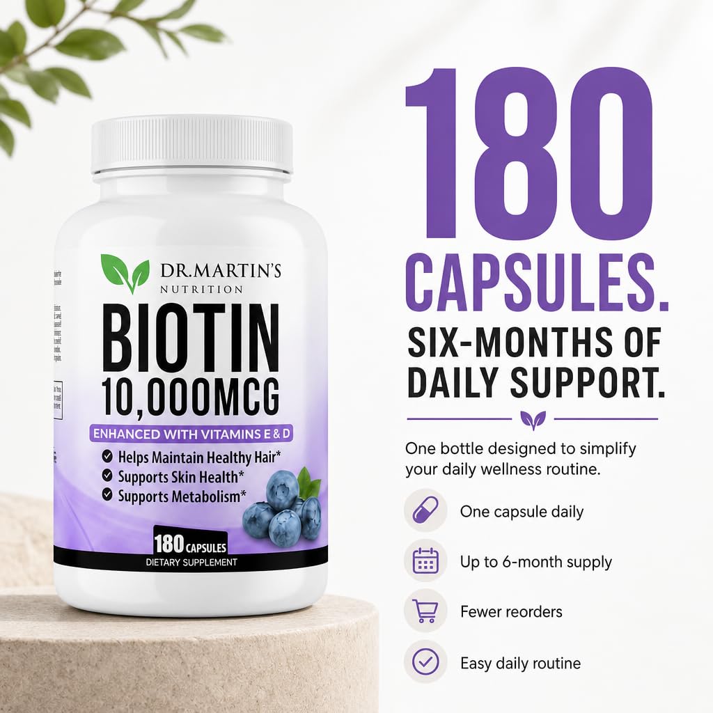 Dr. Martin's Nutrition Biotin 10000mcg Hair Skin & Nails Vitamins with Vitamin D3 & E, 180 Capsules