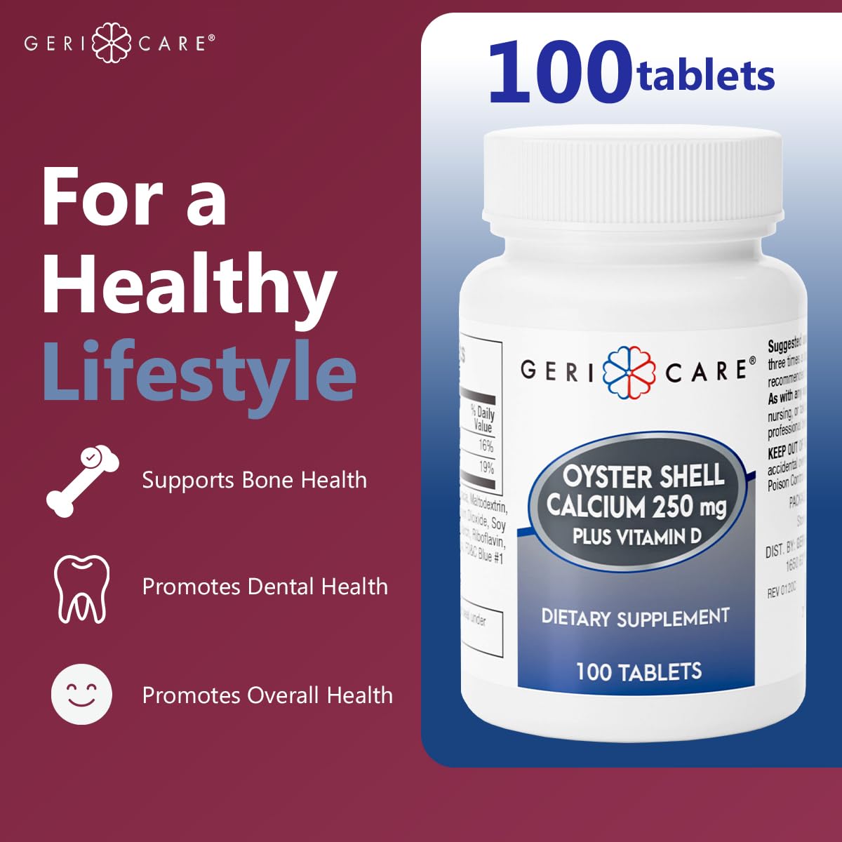 GeriCare Oyster Shell Calcium 250mg, Vitamin D 125IU, 200 Tablets