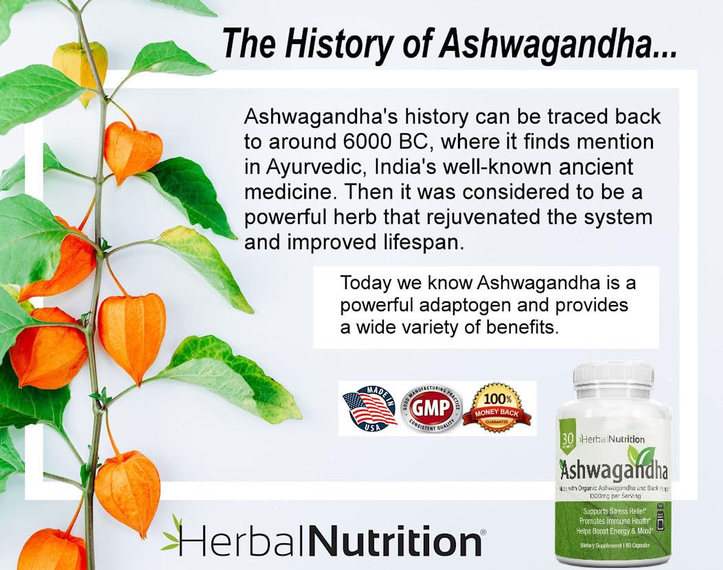 Herbal Nutrition Ashwagandha 1300mg Stress & Mood Support Supplement, 120 Capsules