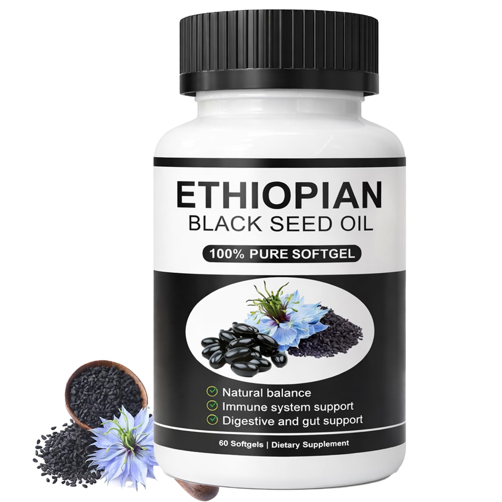 GraviGlow Ethiopian Black Seed Oil Softgels with 4.64% Thymoquinone, Organic Cold-Pressed Black Cumin Seed Oil, 1 Count
