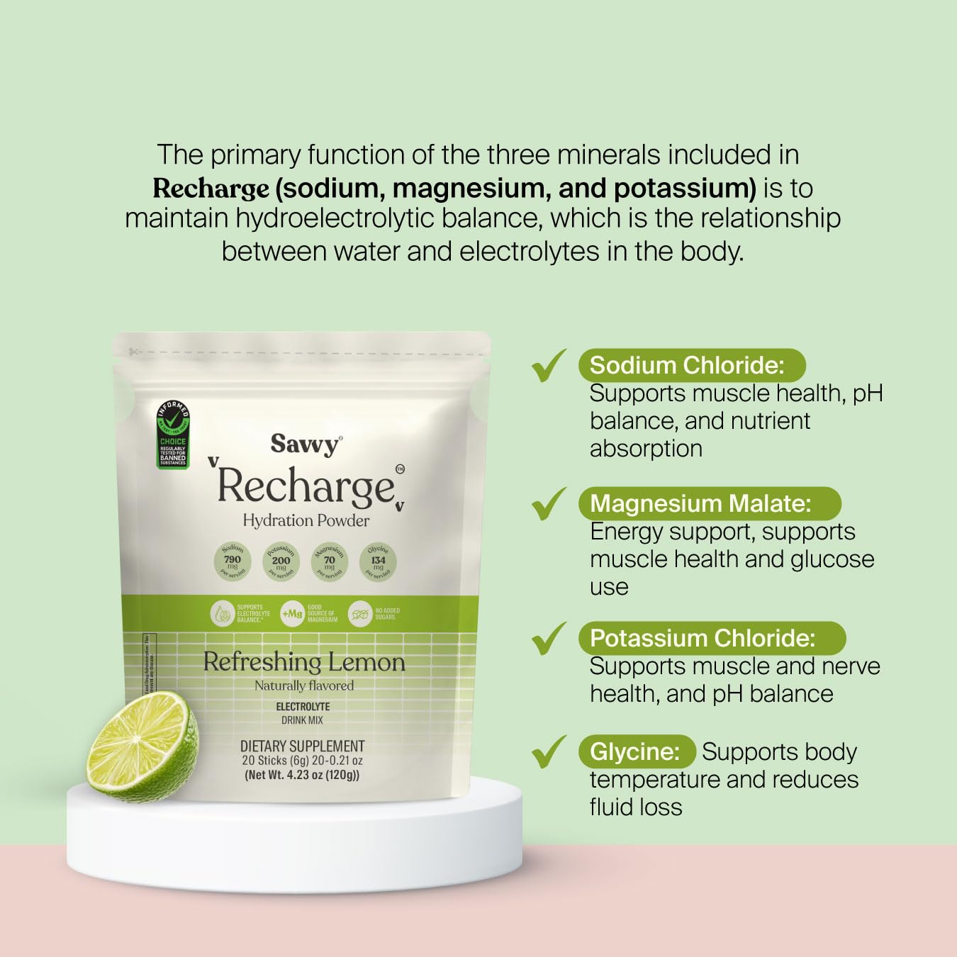 SAVVY Savvy Recharge Electrolyte Powder, Sugar Free Conscious Hydration Drink with Sodium, Magnesium, Potassium & Glycine, Lemon Flavor, 20 Sachets