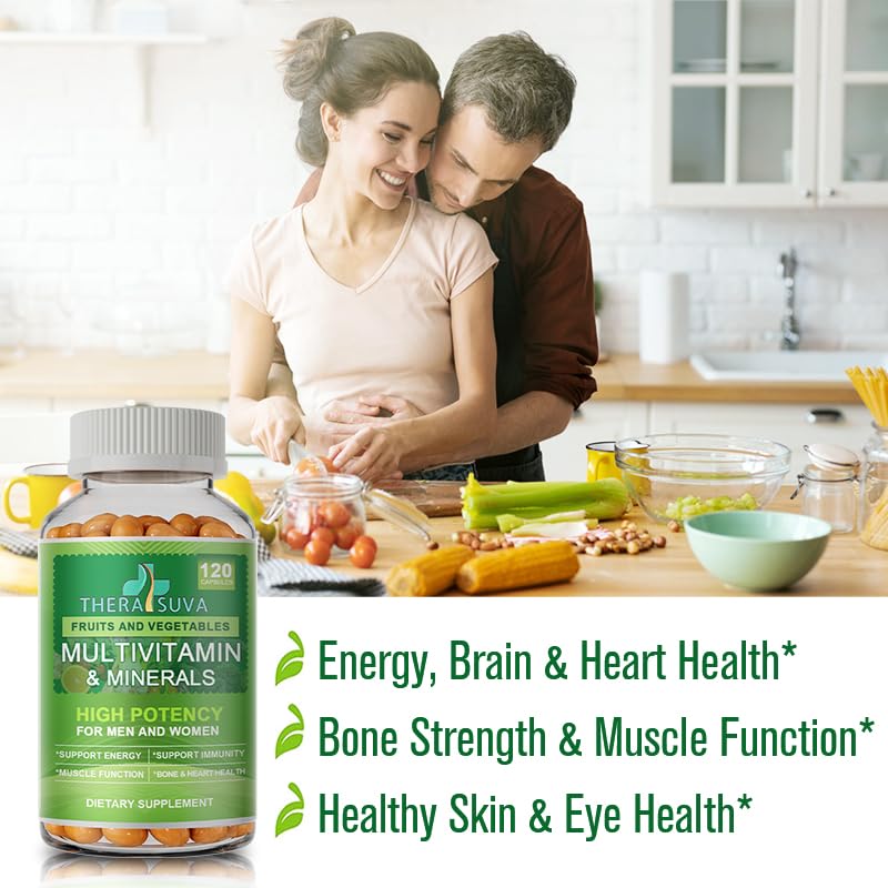 TheraSuva All Natural Multivitamins & Minerals + B Complex + Calcium + Magnesium + Zinc, 100% Vegan Sourced Whole Food Supplement, Complete Nutritional Support for Men & Women, 2 Month Supply Softgels 120