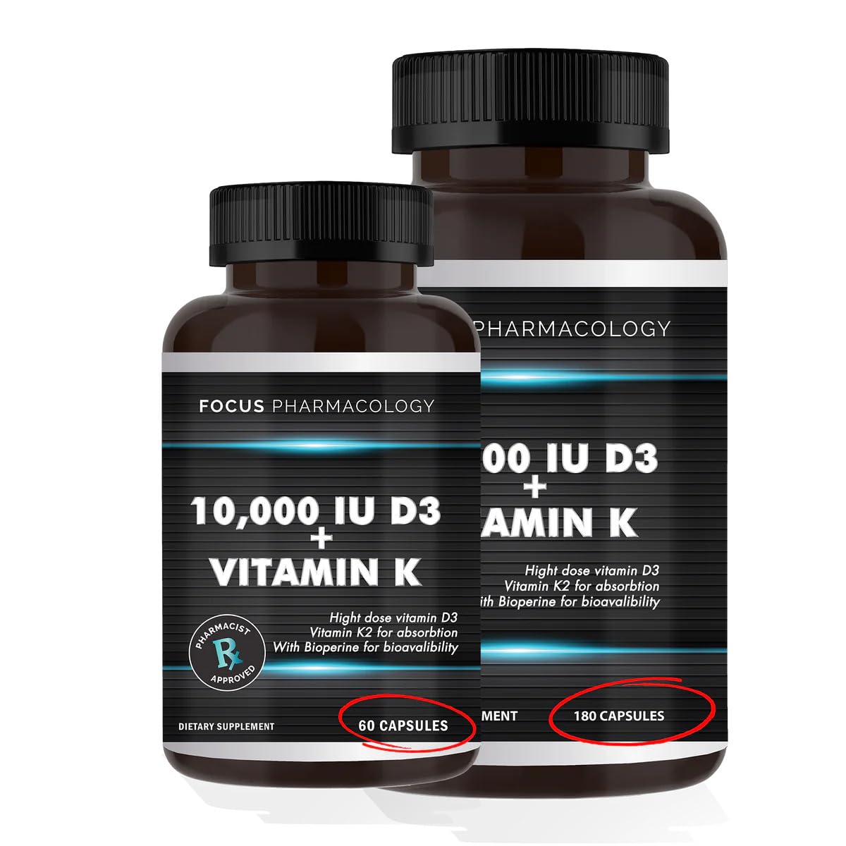 Focus Pharmacology Vitamin D3 with Vitamin K3 10,000 IU Capsules, 180 Capsules
