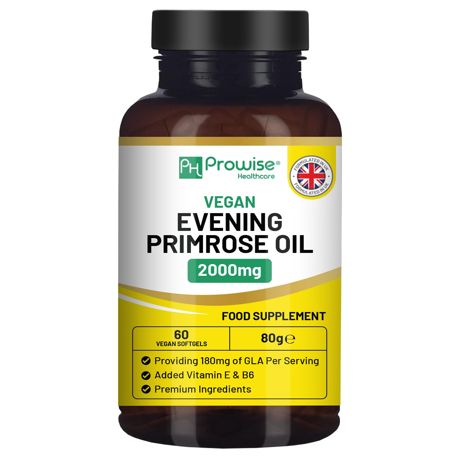 PH PROWISE Healthcare Vegan Evening Primrose Oil 2000mg with Vitamin E & B6 Softgels, 60 Count