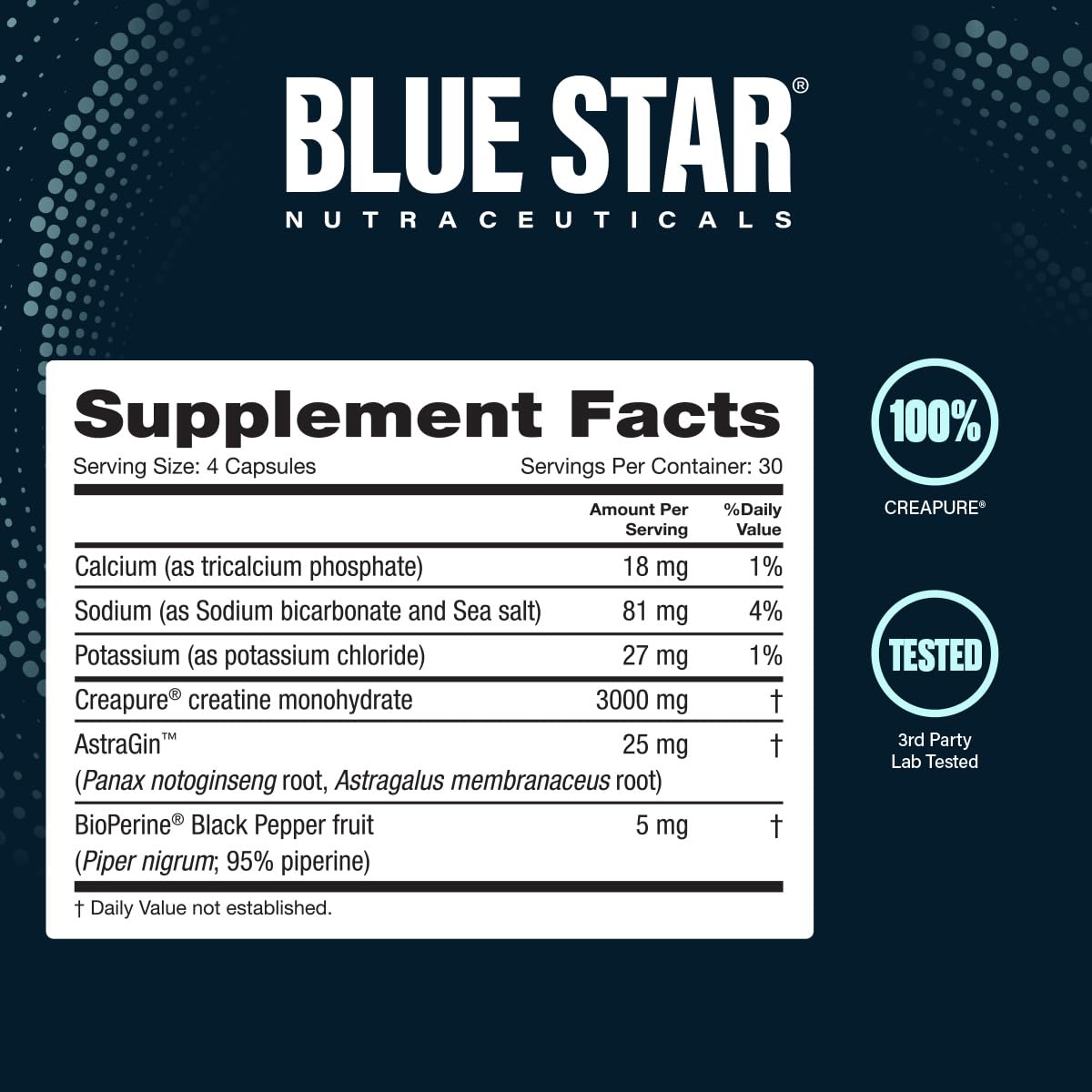 Blue Star Nutraceuticals CREA-TECH Creapure Creatine Monohydrate with Electrolytes Capsules, 120 Veggie Capsules