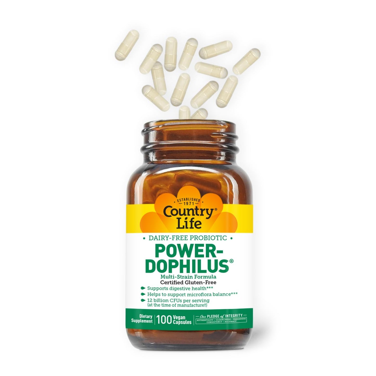 Country Life Power-Dophilus Dairy-Free Multi-Strain Probiotic 12 Billion CFUs, 100 Vegan Capsules