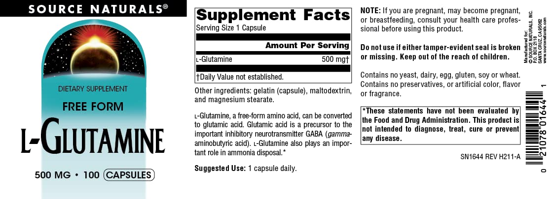 Source Naturals Free Form L-Glutamine 500 mg Capsules, 100 Capsules