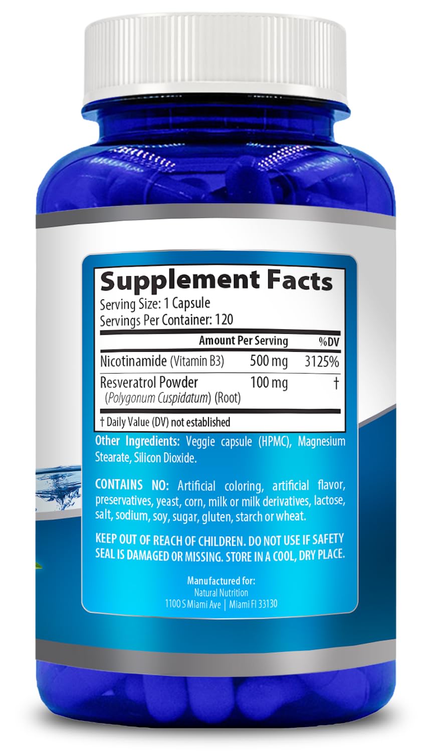 Generic Natural Vitamin Nicotinamide with Resveratrol 600mg (Vitamin B-3) 120 Veggie Capsules