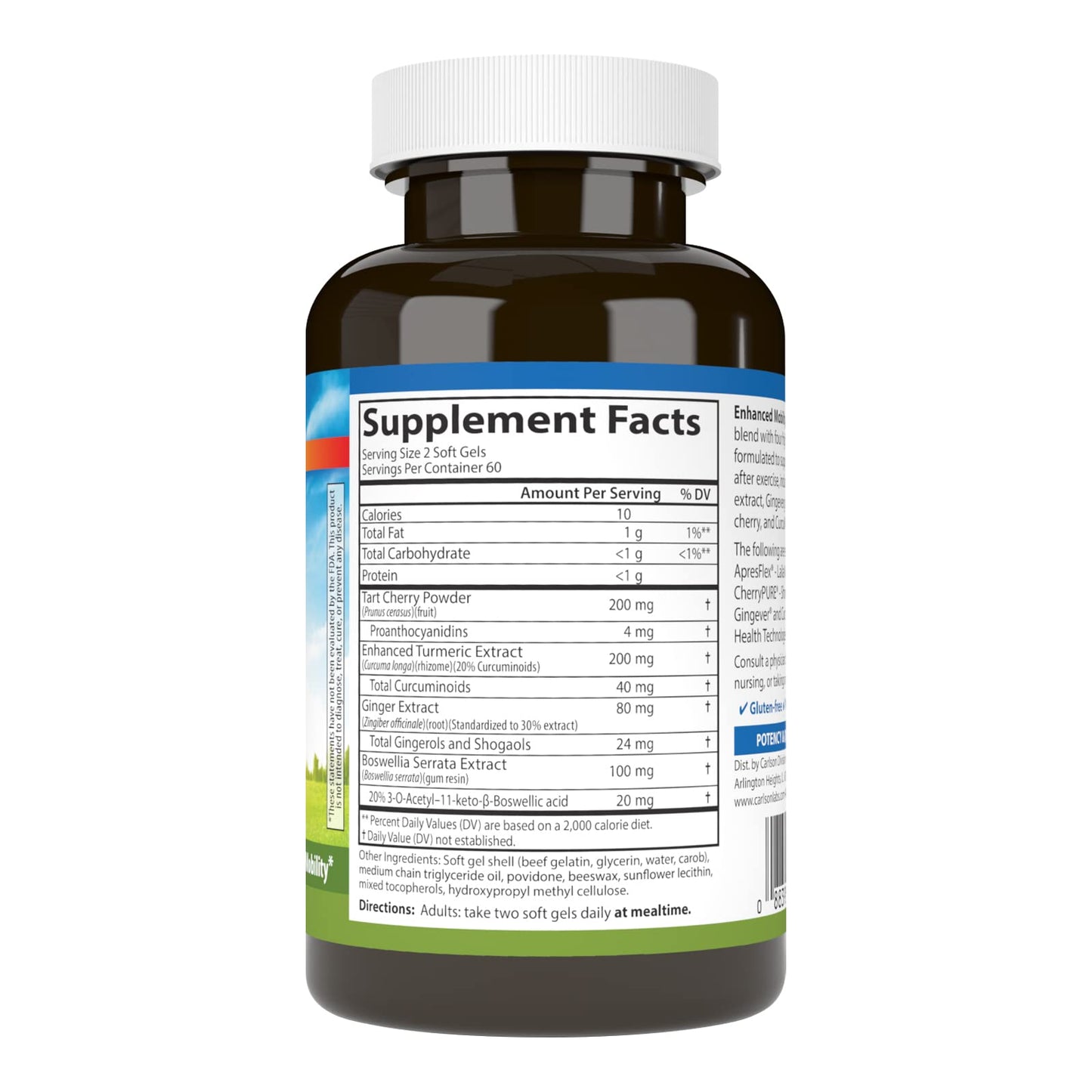 Carlson Enhanced Mobility Botanical Joint Support with Boswellia Tart Cherry Curcumin Ginger 120 Softgels