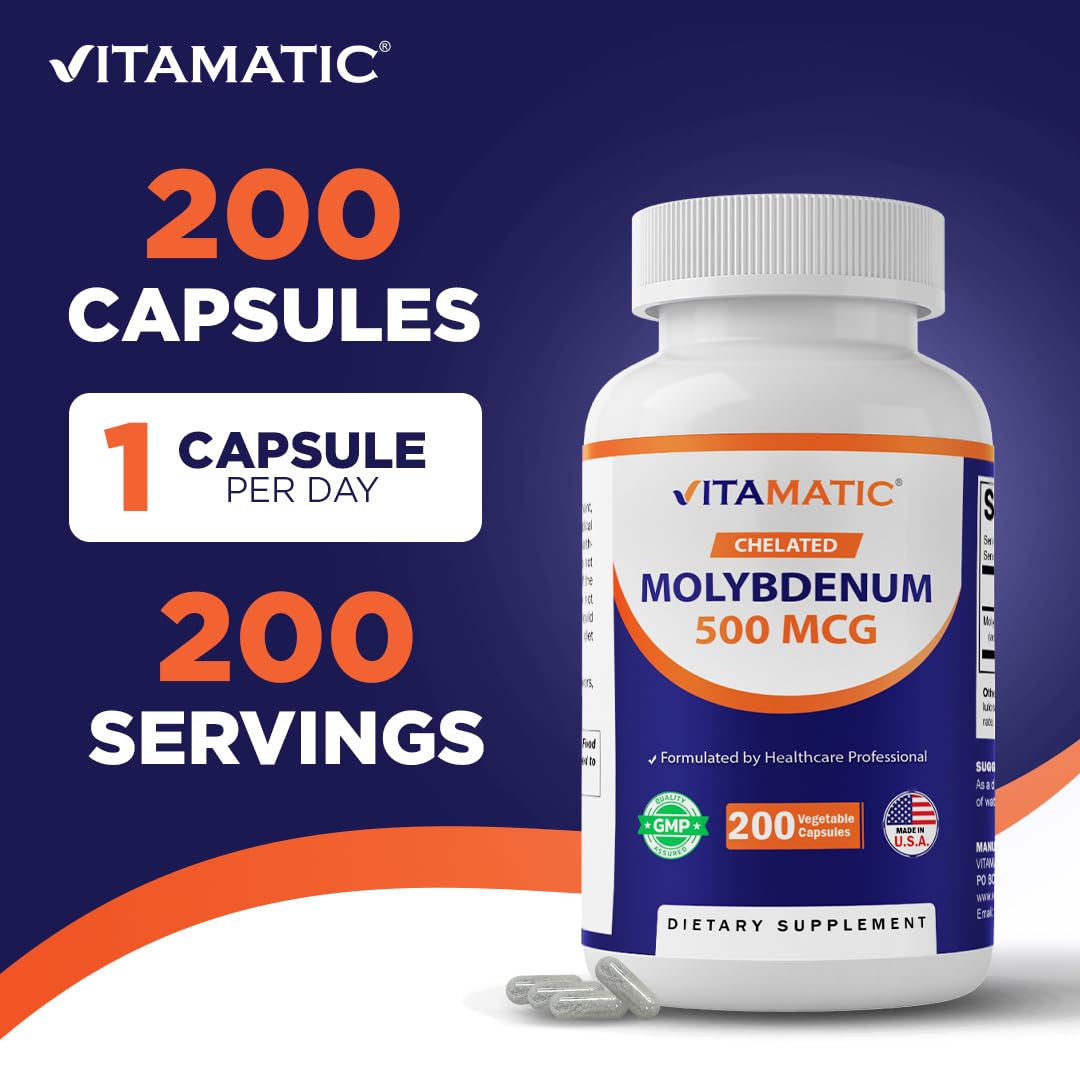 Vitamatic Chelated Molybdenum 500 mcg (as Molybdenum Glycinate Chelate) Capsules, 200 Count