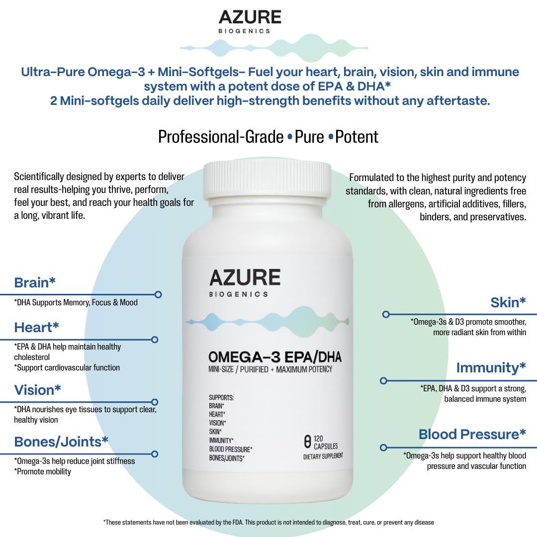 Azure Biogenics Omega-3 Fish Oil Capsule High Potency EPA/DHA 120 Count