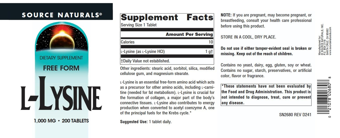 Source Naturals L-Lysine Free Form 1000 mg, 200 Tablets