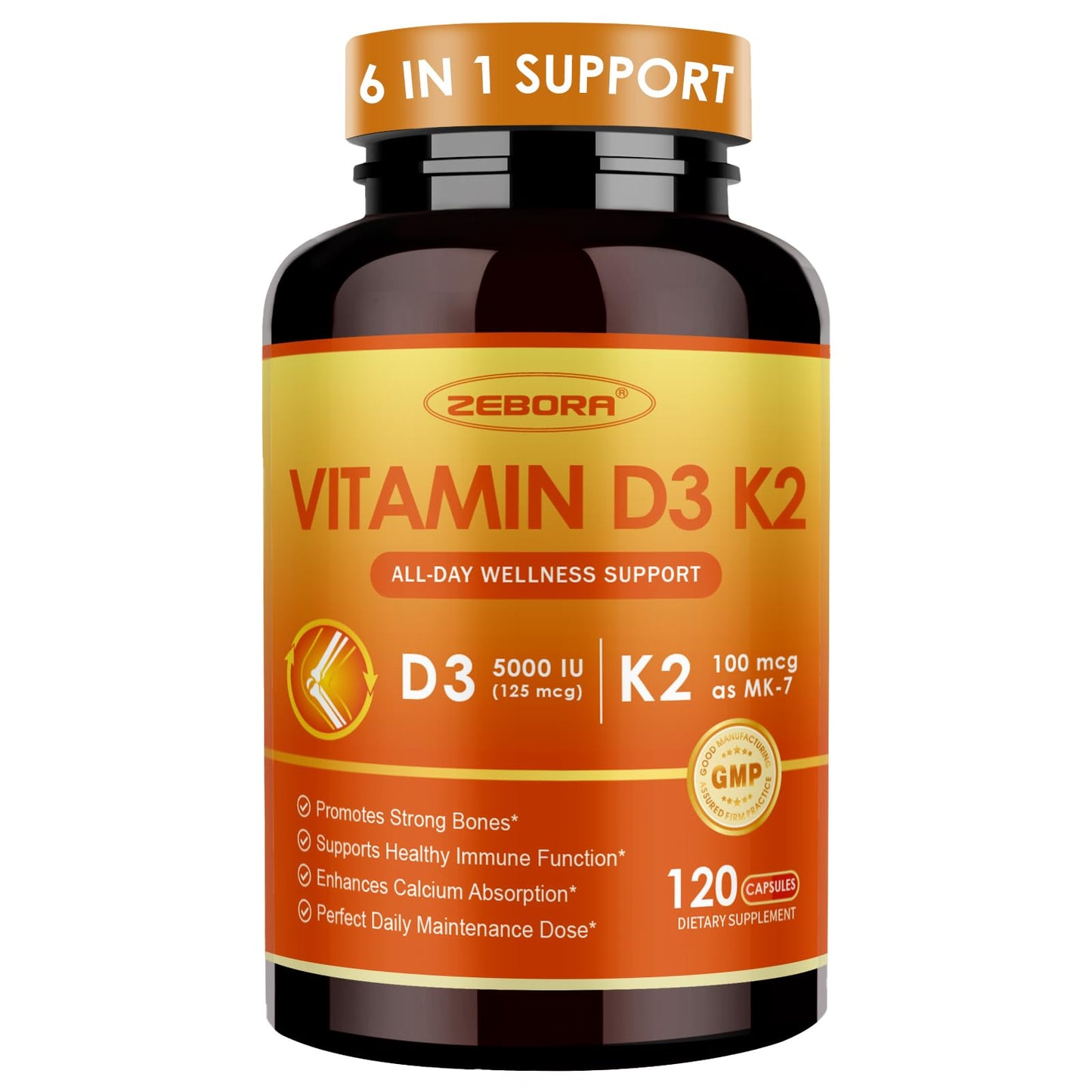 ZEBORA Vitamin D3 K2 5000 IU Supplement, Capsules, 120 Count