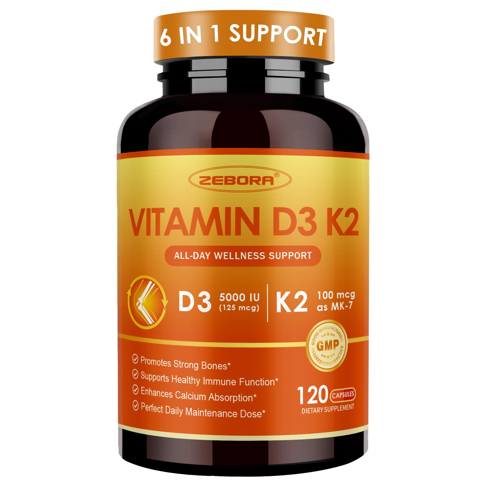 ZEBORA Vitamin D3 K2 5000 IU Supplement, Capsules, 120 Count