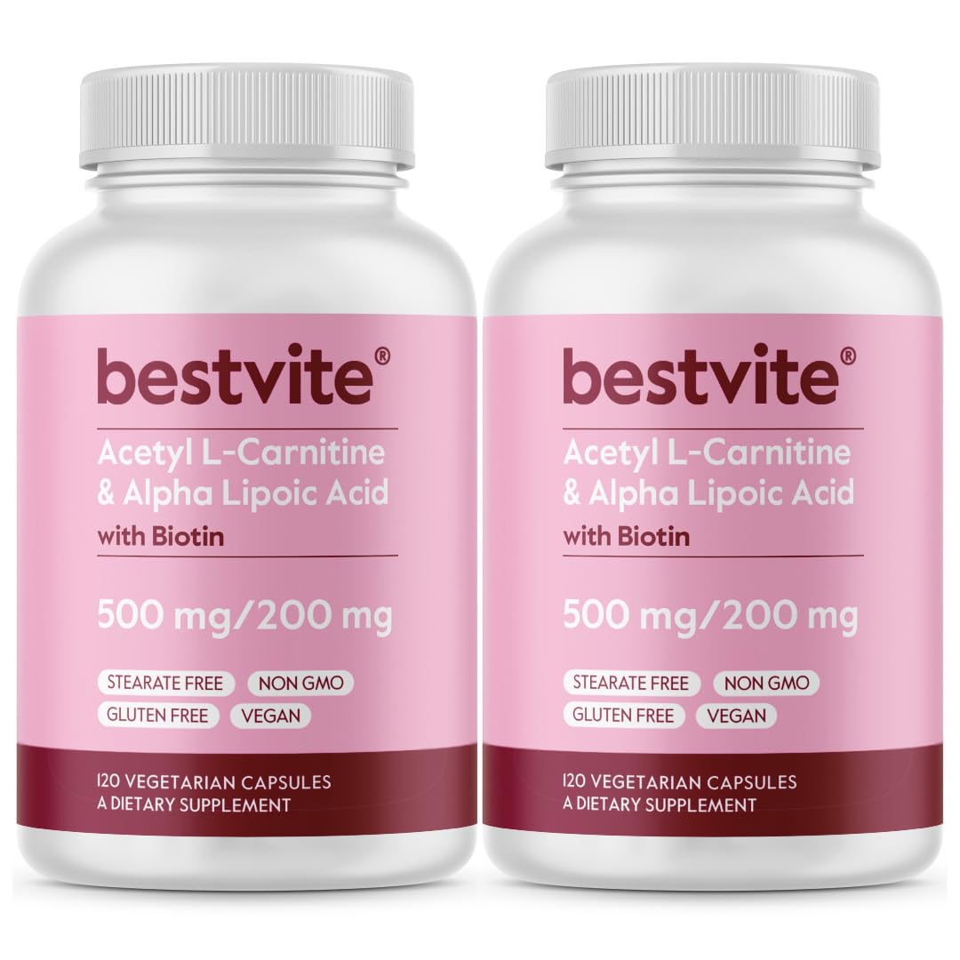 BESTVITE Acetyl L-Carnitine 500mg & Alpha Lipoic Acid 200mg per Capsule with Biotin, Capsules, 240