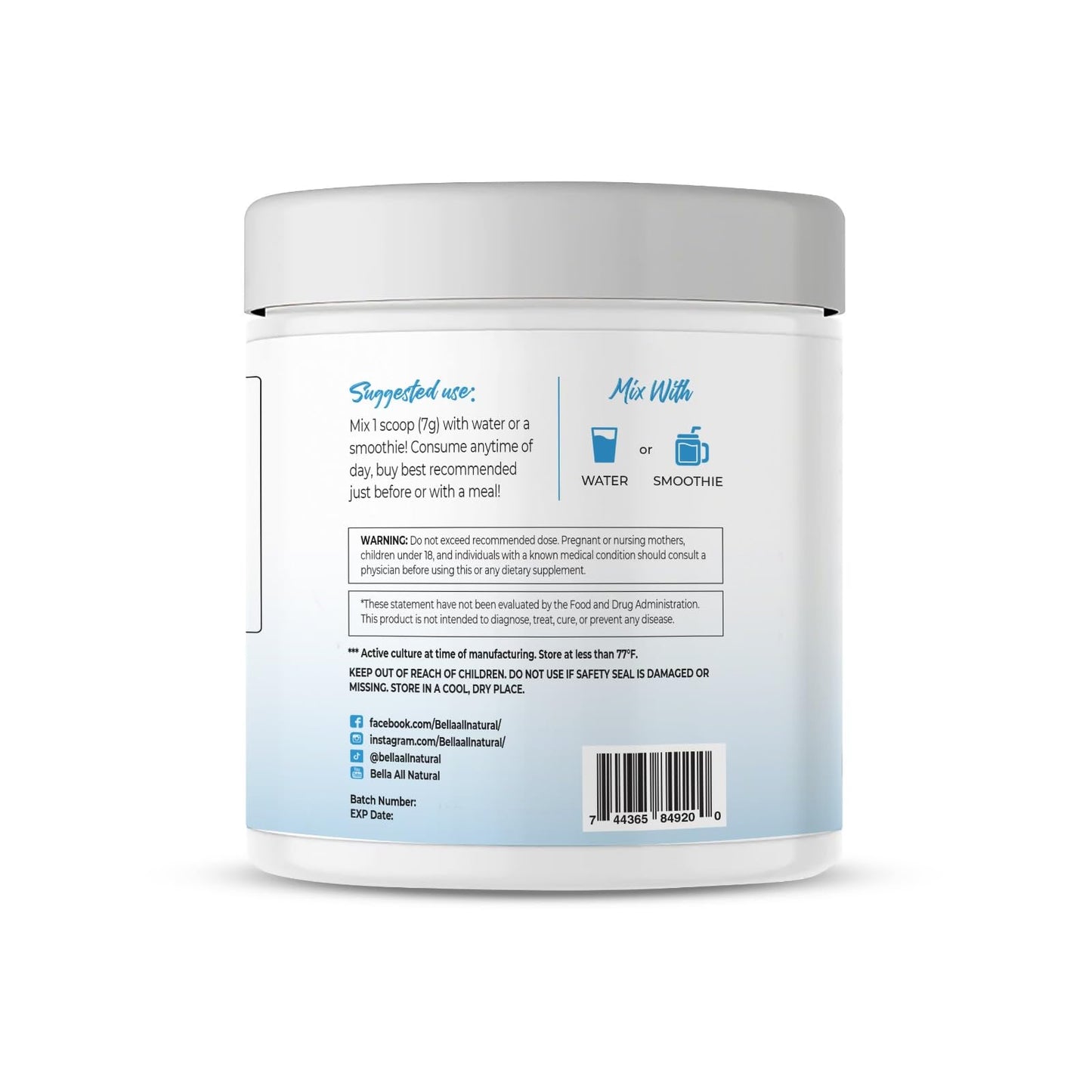 Bella All Natural Probiotics + Prebiotics Powder, 7.4 Ounce