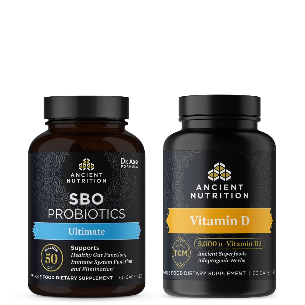 Ancient Nutrition SBO Probiotics Capsules (60 Count) + Vitamin D Capsules (90 Count)
