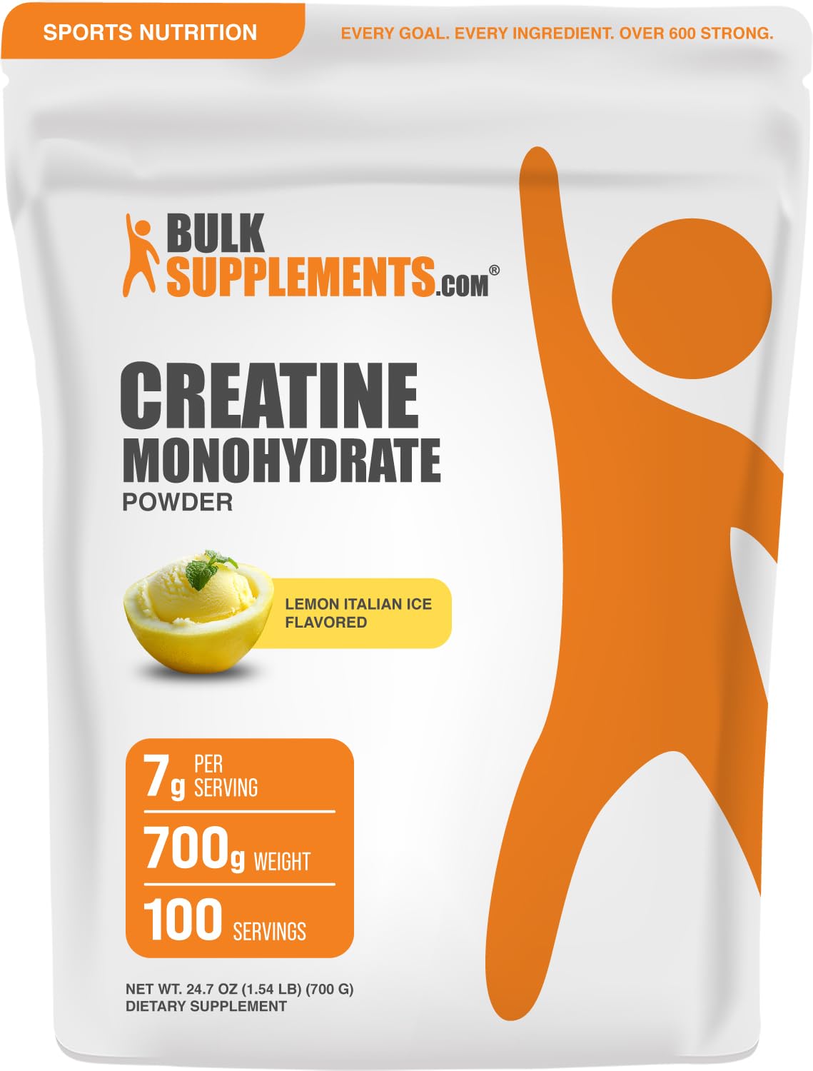 BulkSupplements Creatine Monohydrate Powder, Lemon Italian Ice Flavor, Micronized, 1.54 lb