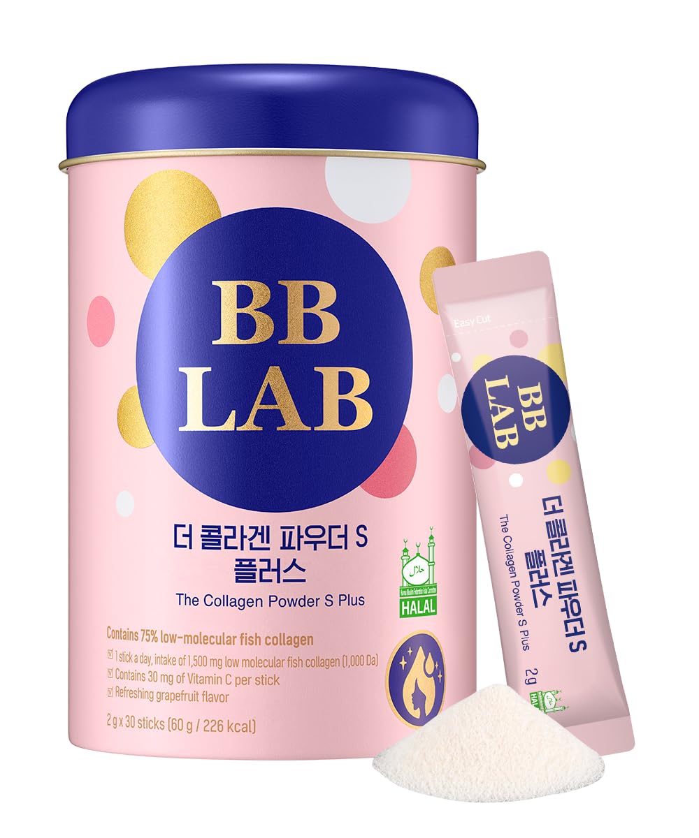 BB LAB Collagen Powder S Plus Halal, Low Molecular Korean Collagen Powder Stick Supplement, Marine, Fish Collagen Peptides, Vitamin C, Glycine, Fast Absorption, Grapefruit Flavor, 2.1 Ounce