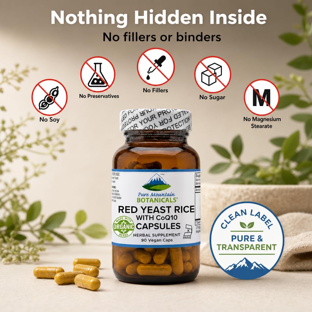 Pure Mountain Botanicals Red Yeast Rice with CoQ10, 600mg per Capsule + 30mg CoQ10, Vegan Capsules, 90 Count